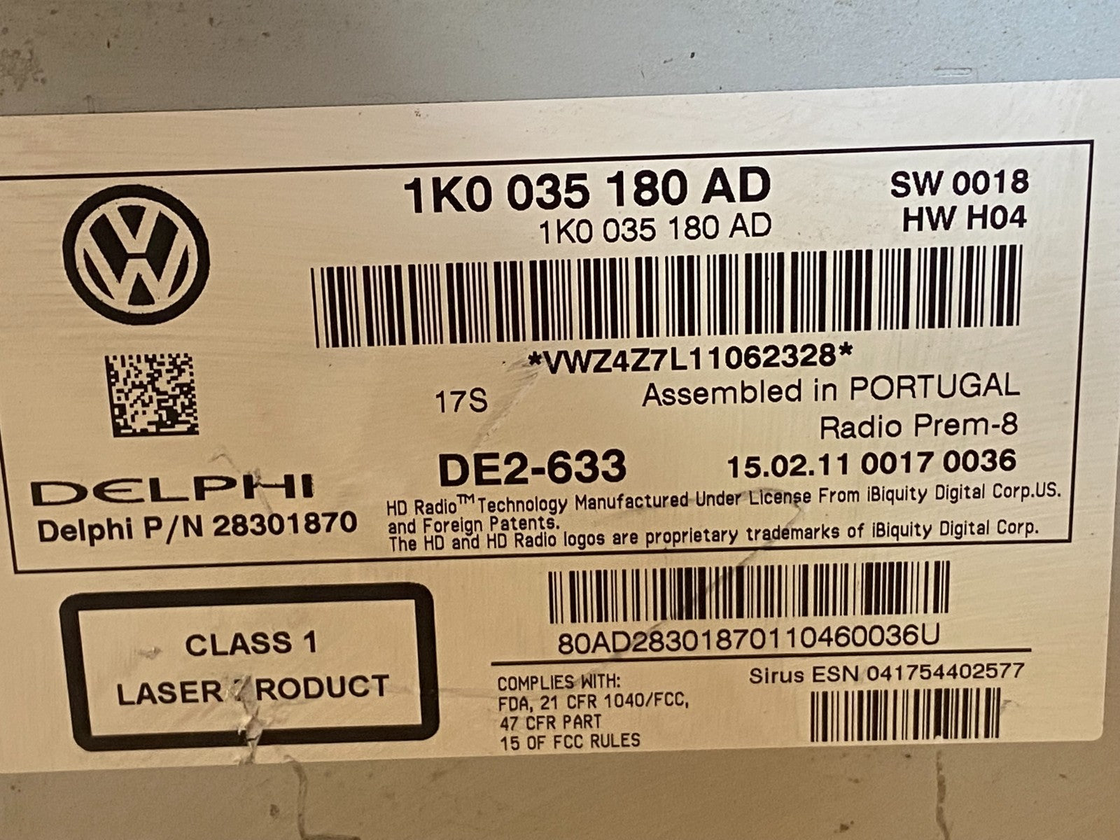 2012 to 2015 Volkswagen CC Radio CD Player Screen AM/FM AG1603 DG7