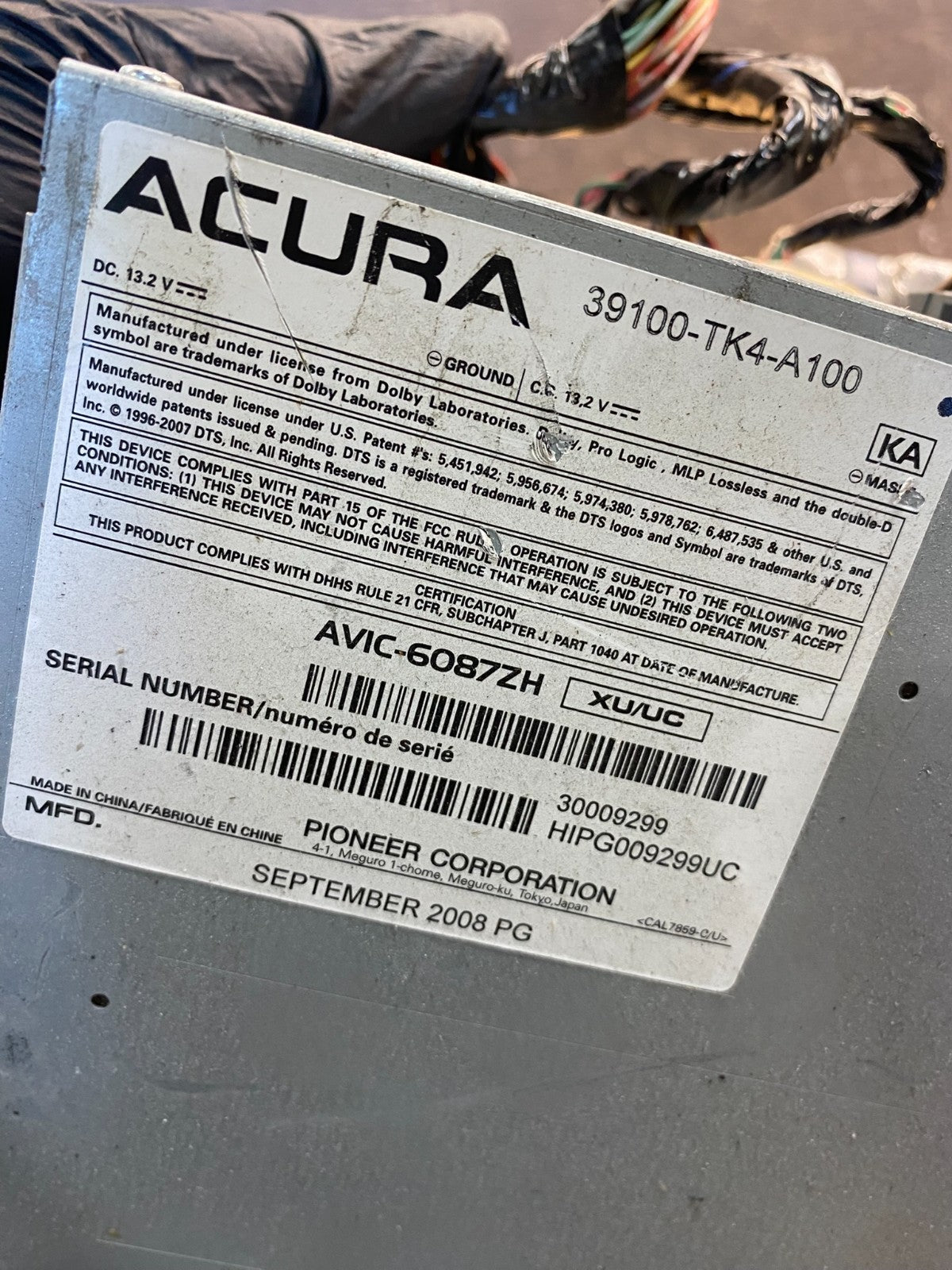 2009 2011 Acura TL AM FM CD MP3 DVD Navigation Radio Player Receive AD4950 DG6