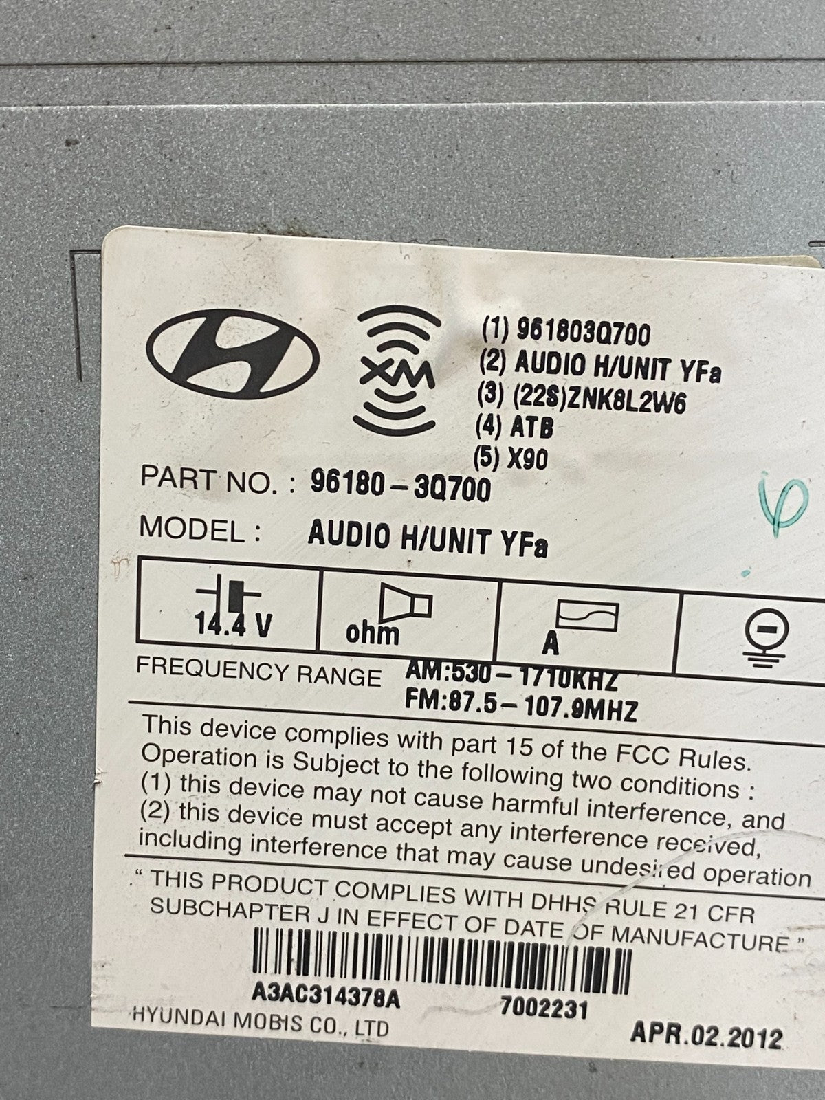 2011 to 2013 Hyundai Sonata Am Fm Cd Player Radio Receiver AG9499 DG6