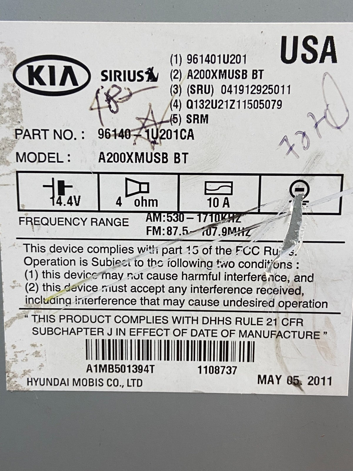 2011 2012 2013 Kia Sorento Sirius AM/FM CD Radio Screen Display AG1521 DW6