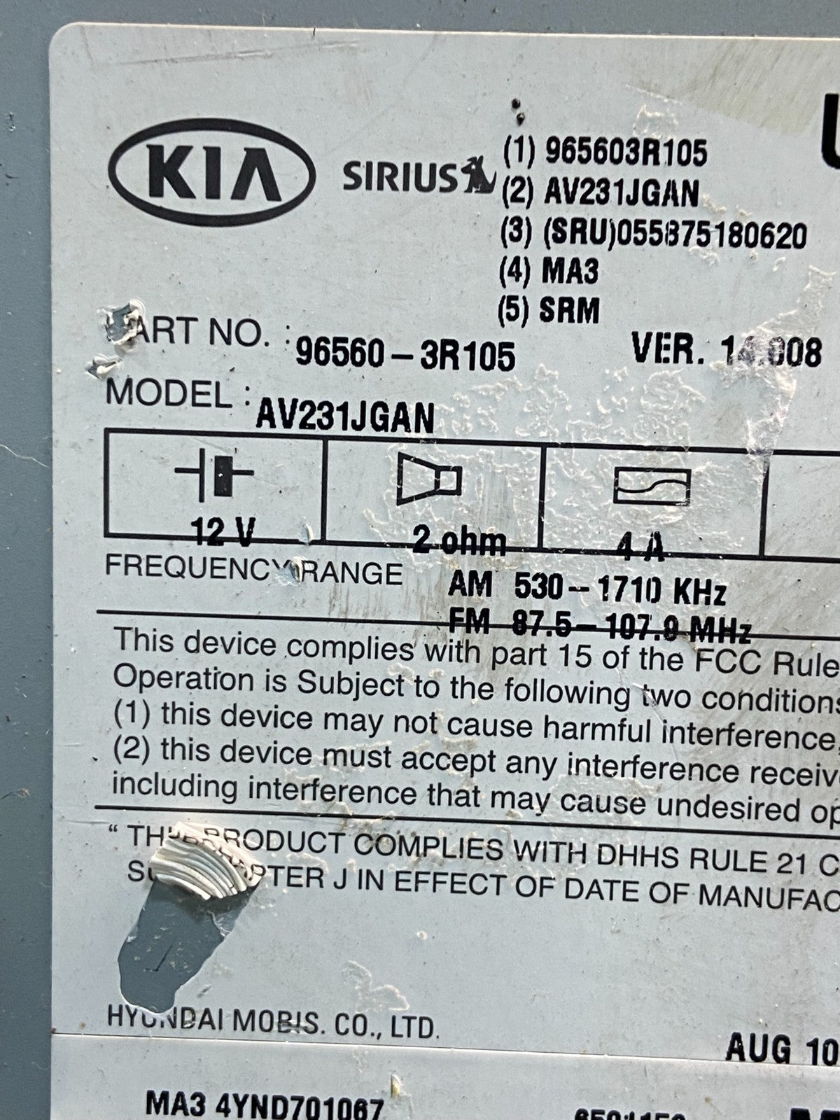 2014 2015 Kia Cadenza Am Fm Cd Player Radio Receiver AE4530 DG6