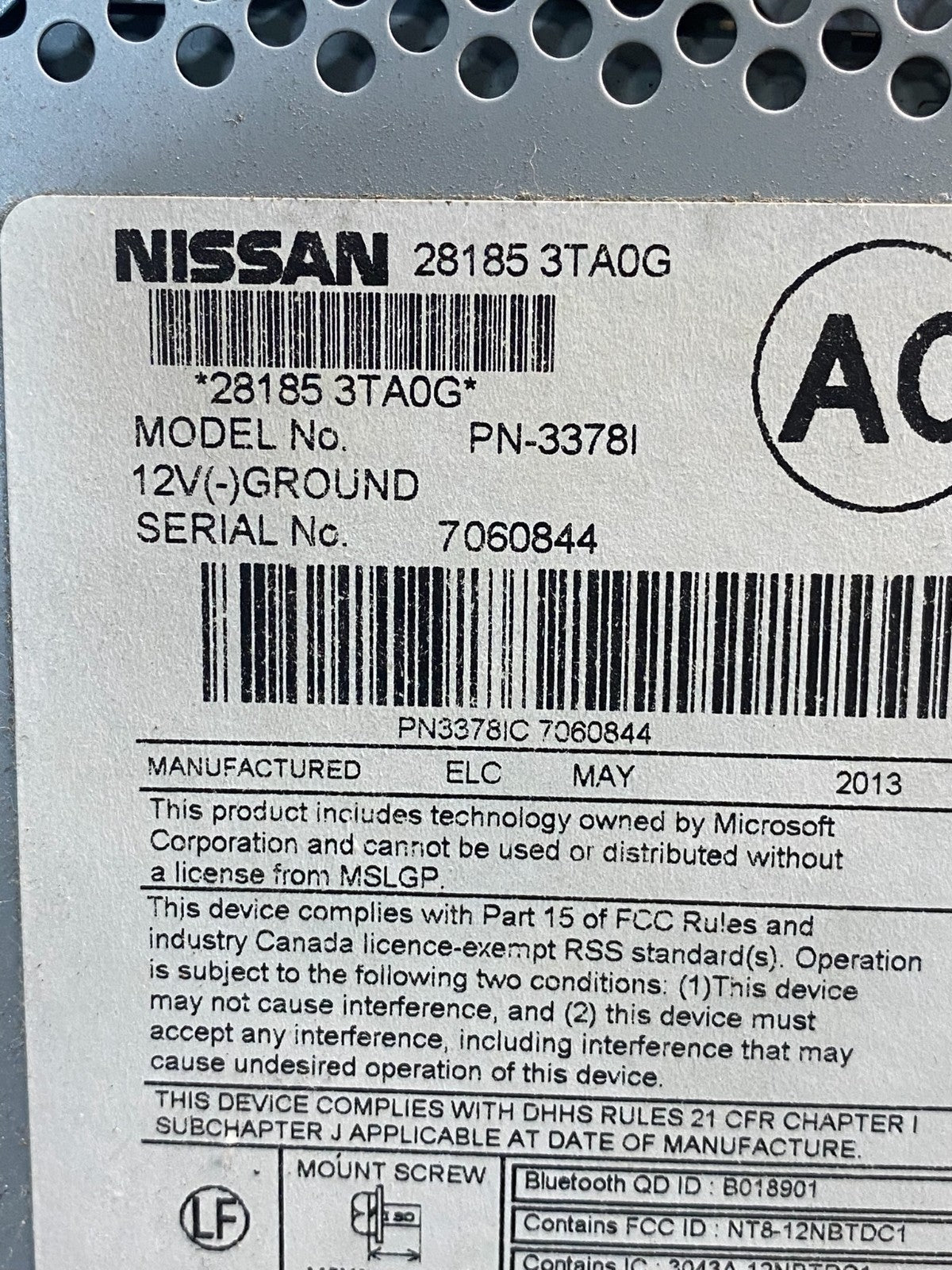 2013 to 2015 Nissan Altima Radio Cd Mp3 Player AUX Port 281853ta0g AE6394 DW6