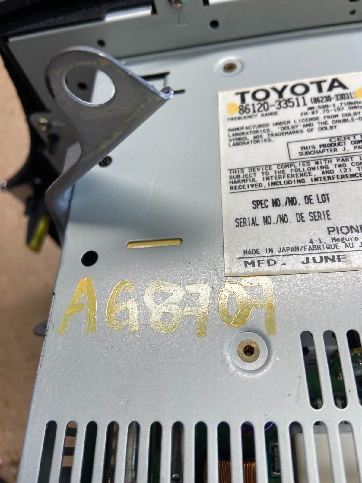 2004 to 2006 Lexus ES330 Es300 Radio Receiver Tape CD Air Vent AG8707 DG6
