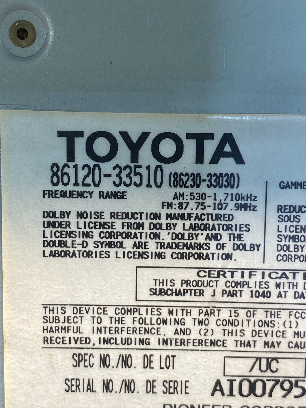 2004 to 2006 Lexus ES330 Es300 Radio Receiver Tape CD Air Vent AD7326 DG6