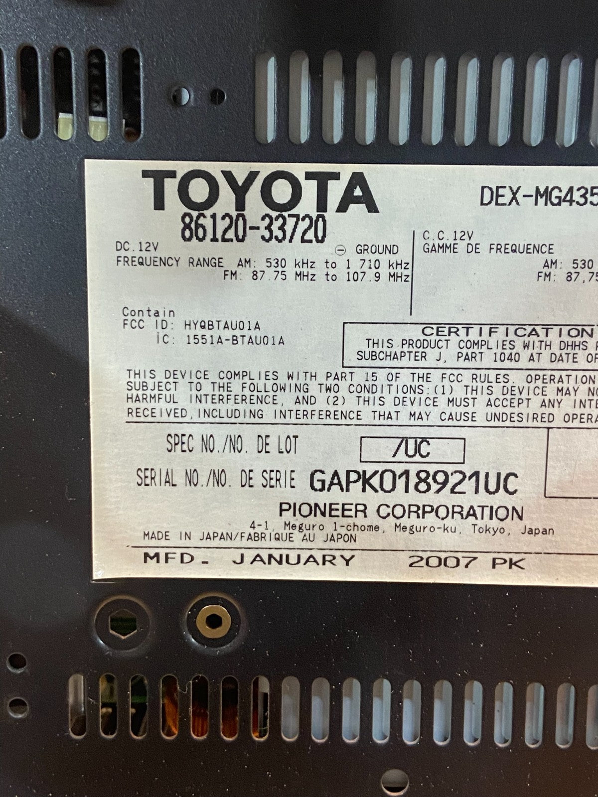2007 2008 2009 Lexus ES350 Radio AM-FM CD Tuner Head Unit AE4537 DG5
