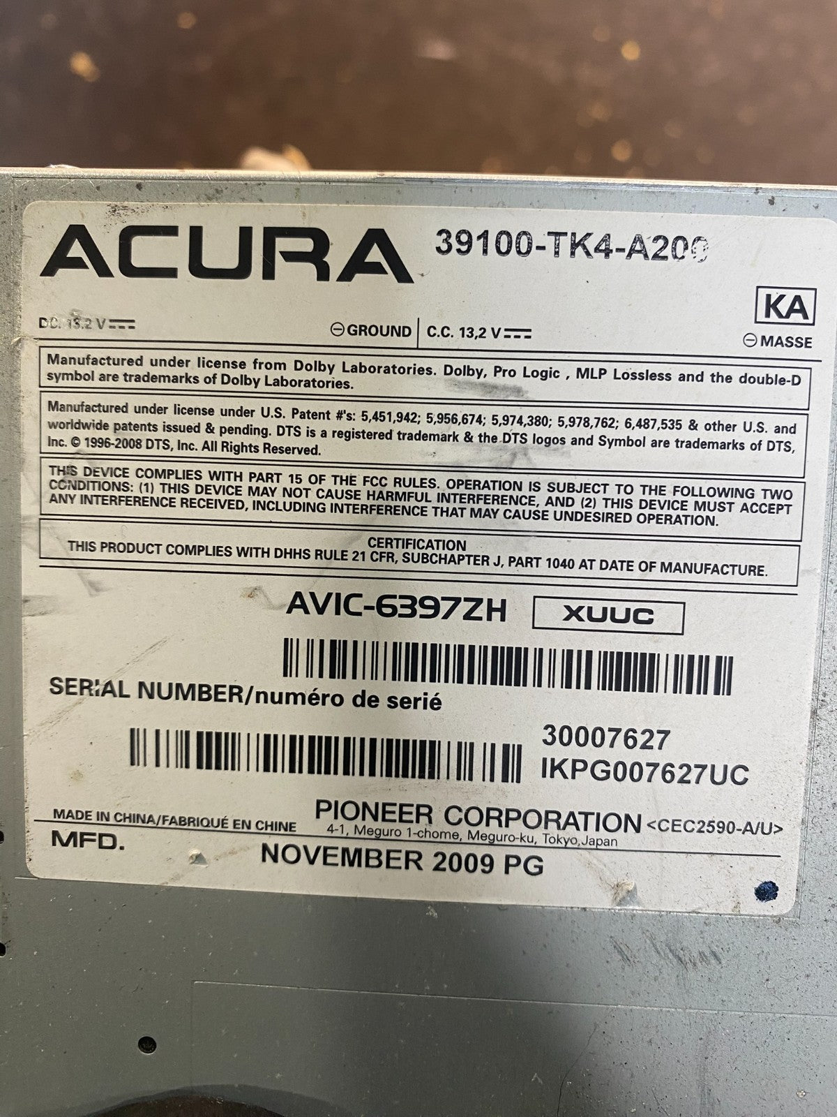 2009 2011 Acura TL AM FM CD MP3 DVD HDD Navi Radio Player Receive AA3167 DG6