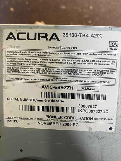 2009 2011 Acura TL AM FM CD MP3 DVD HDD Navi Radio Player Receive AA3167 DG6