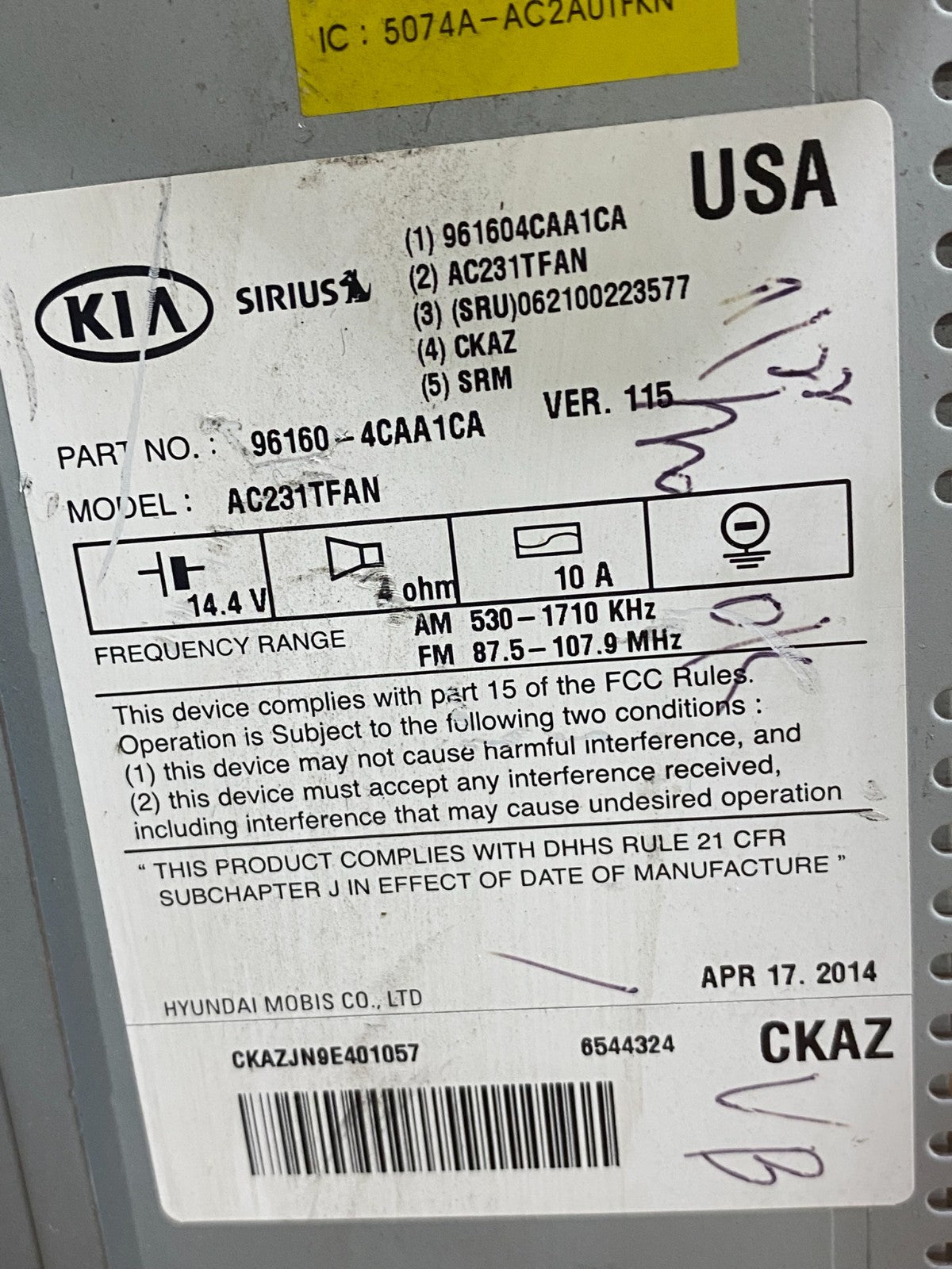 2014 2015 Kia Optima Am Fm Cd Player Radio Receiver AG9481 DG6