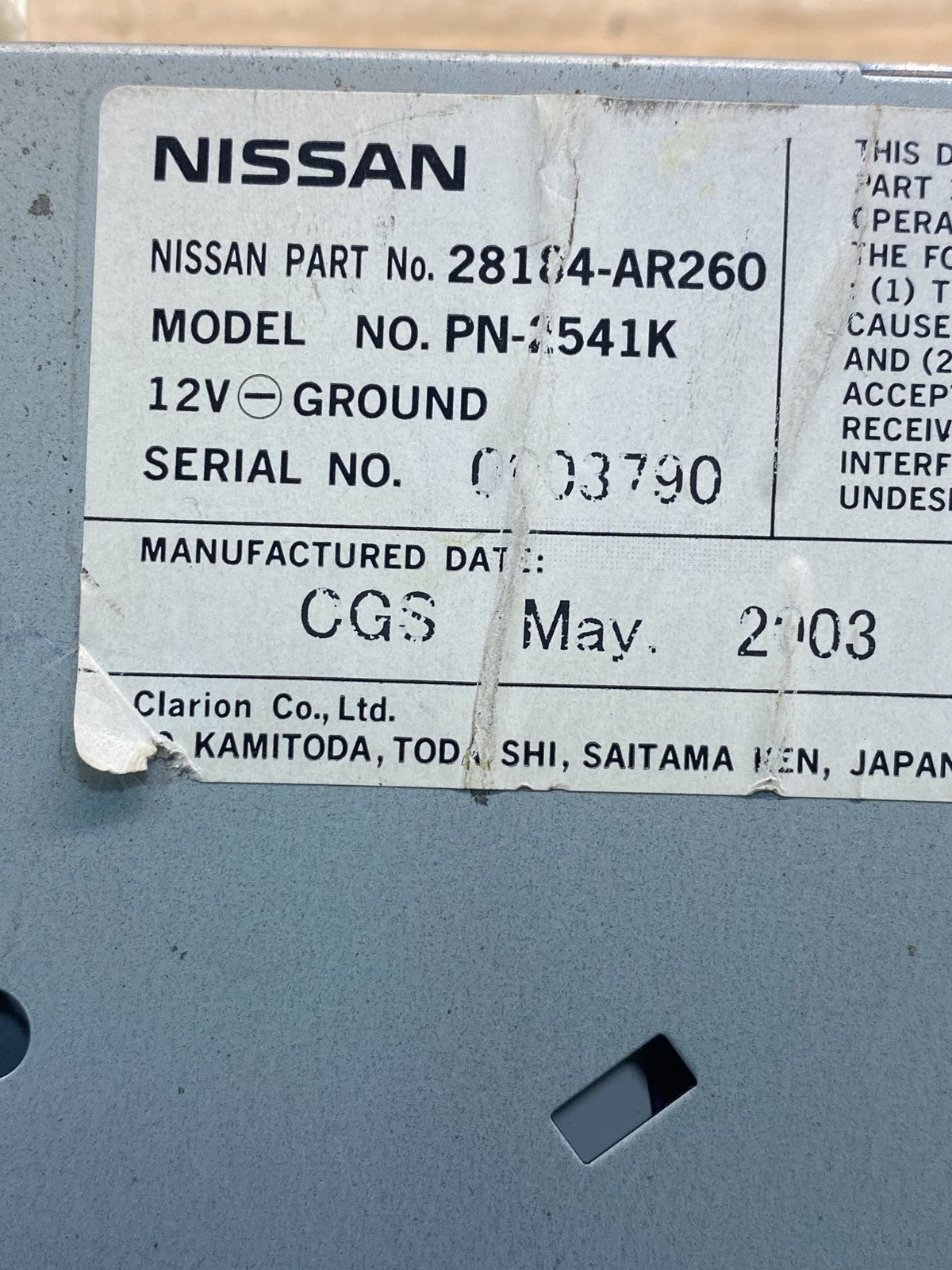 2007 to 2009 Nissan Altima 6 Disc CD Changer 28184-JA00A AF39946