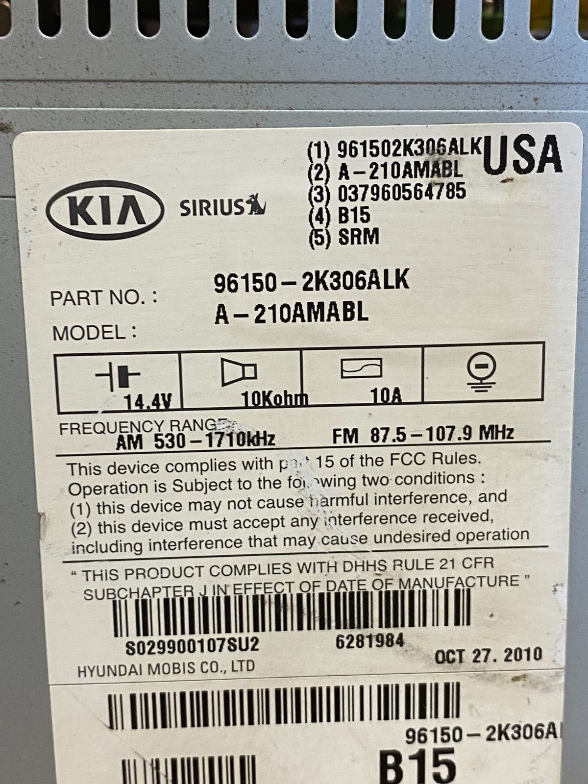 2010-2011 Kia Soul AM FM Radio Stereo Audio CD Player Receiver AI7207 DW6