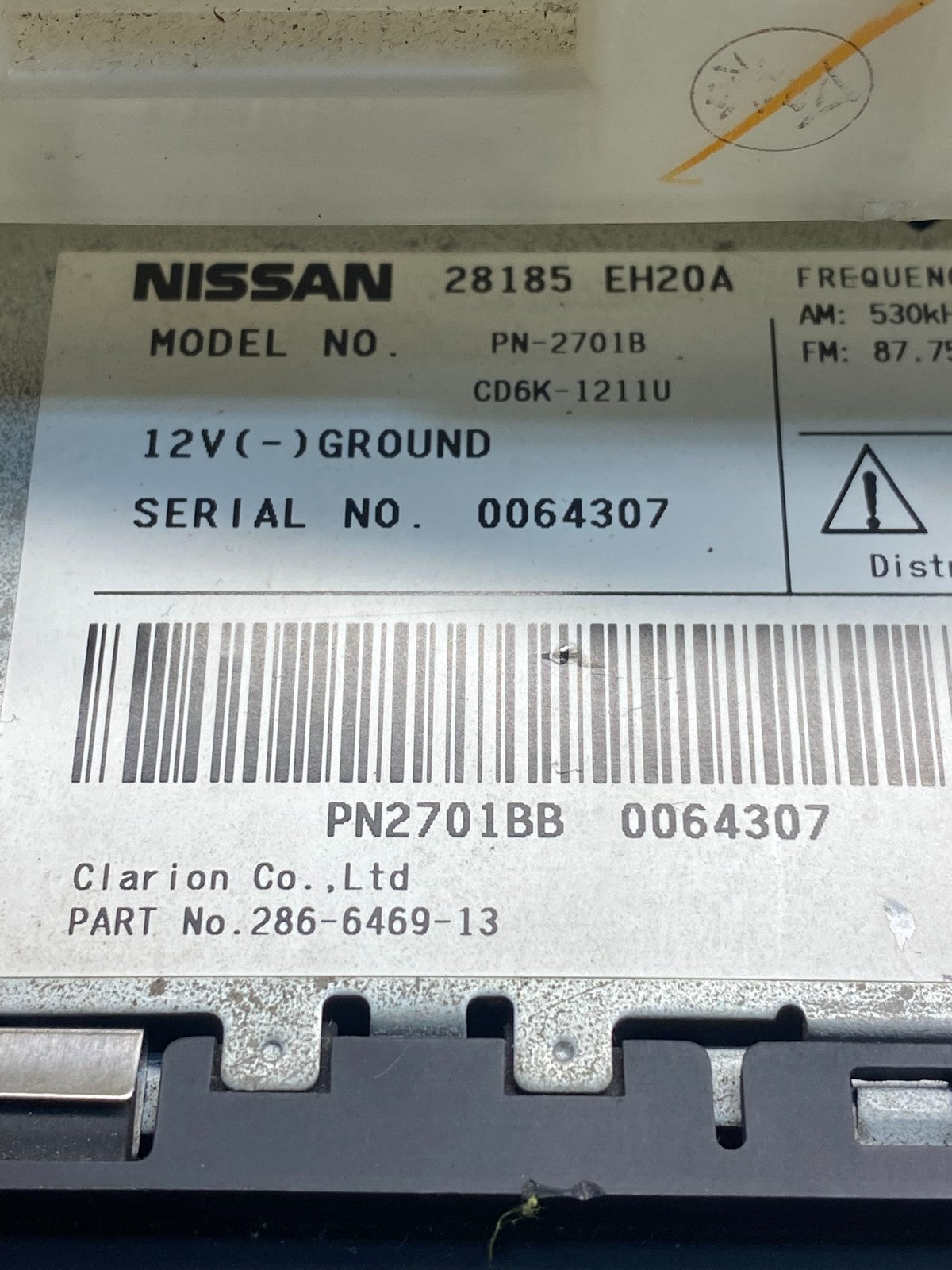 2006 2007 Infiniti M35 Radio AM/FM Single Disc CD Receiver AG7348 DG6