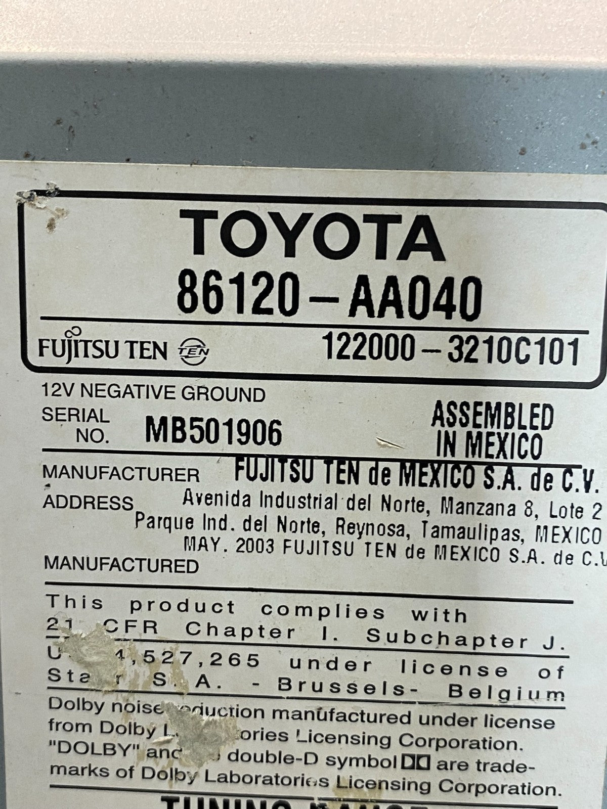 2002 2003 2004 Toyota Camry Radio AM/FM CD Player AE7860 DW6