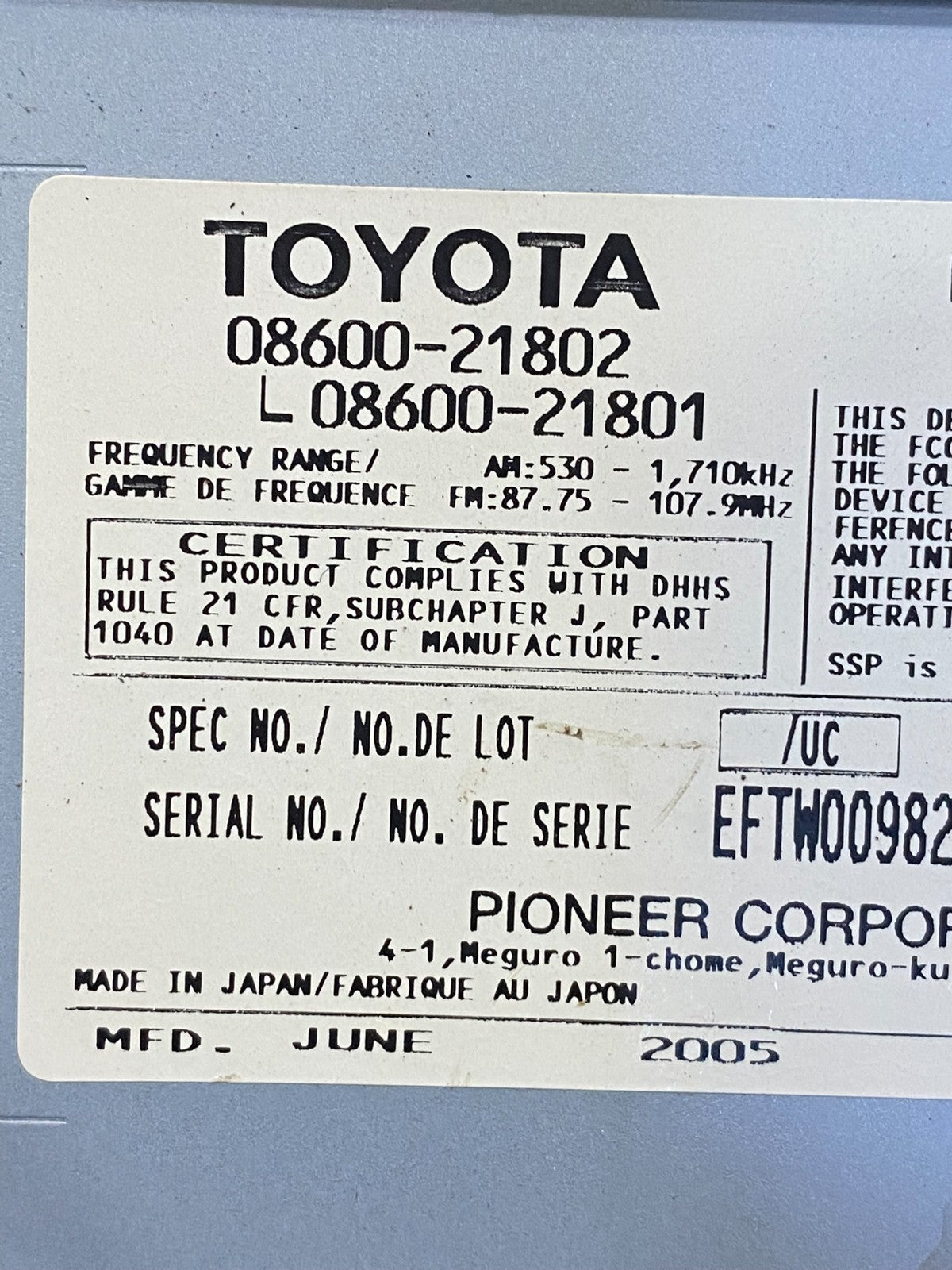 2004 to 2006 Scion TC Pioneer 08600-21802 CD MP3 Stereo Radio AD6557 DG6