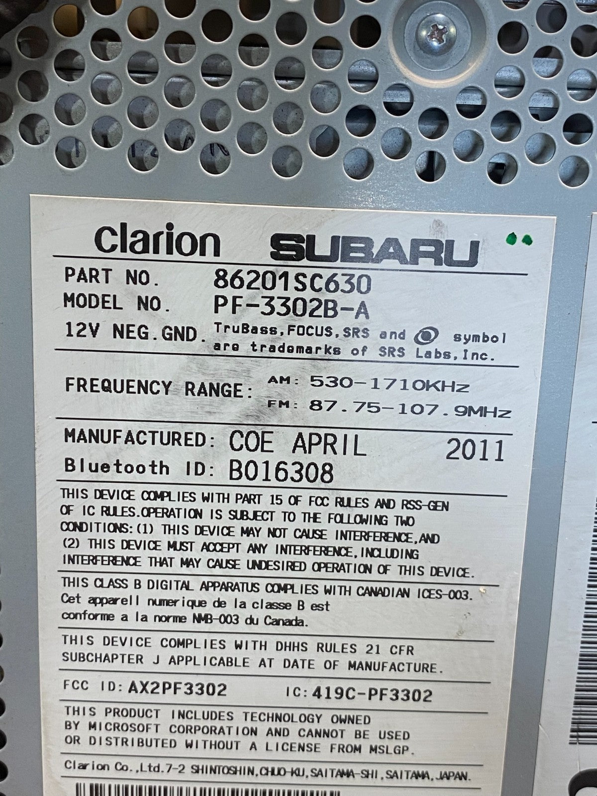 2011 to 2013 Subaru Forester AM/FM CD Plater Radio AH4975 DG6