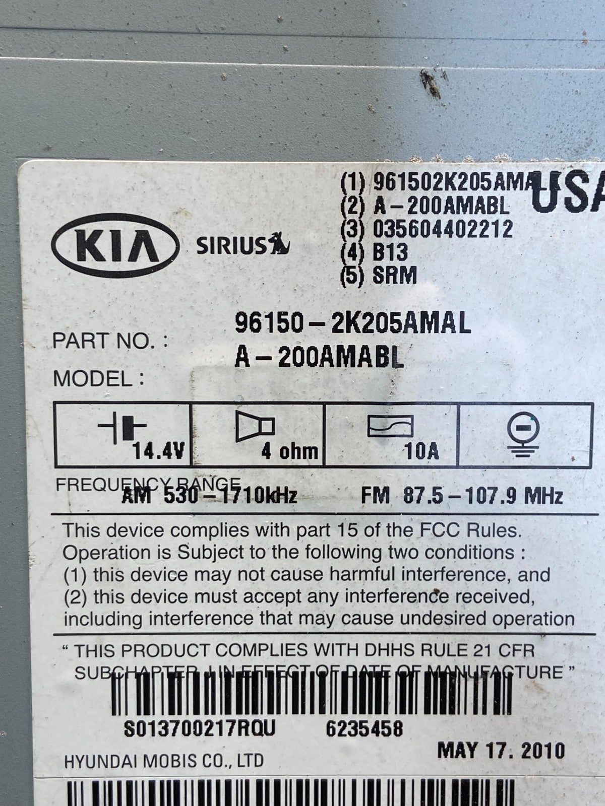 2010-2011 Kia Soul AM FM Radio Stereo Audio CD Player Receiver AG1507 DG6