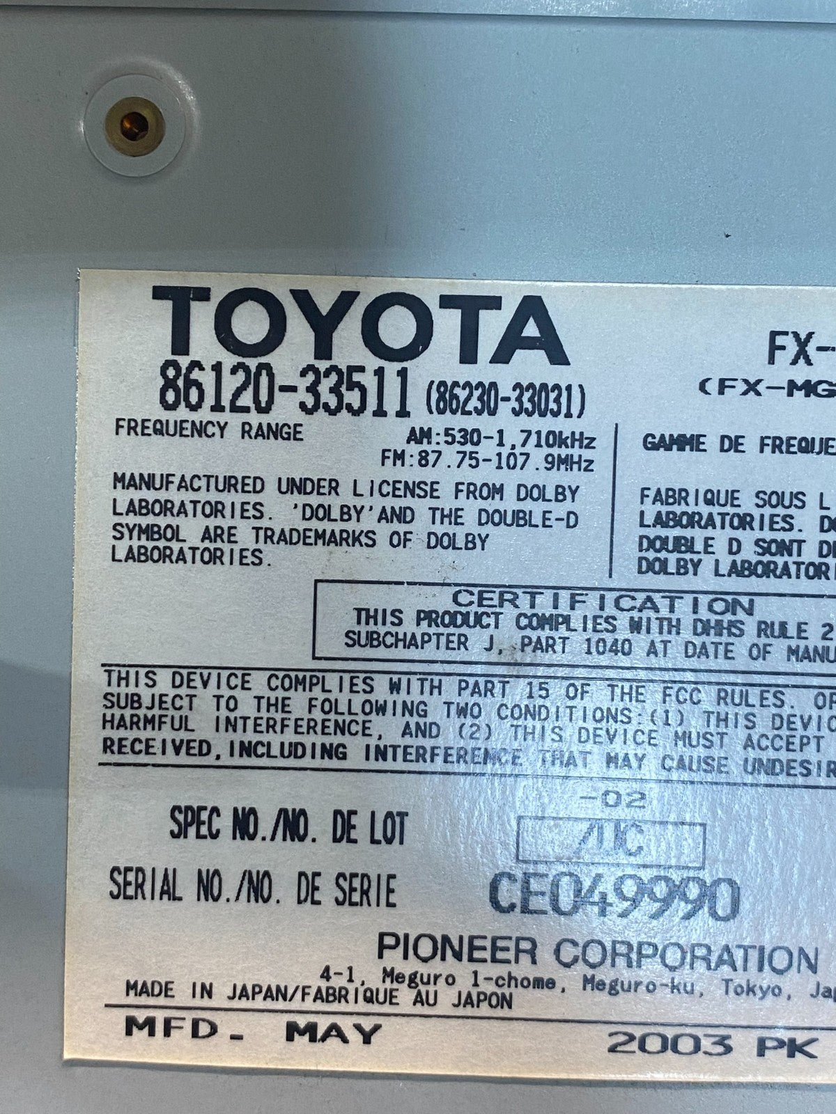 2004 to 2006 Lexus ES330 Es300 Radio Receiver Tape CD Air Vent AE7709 DW8