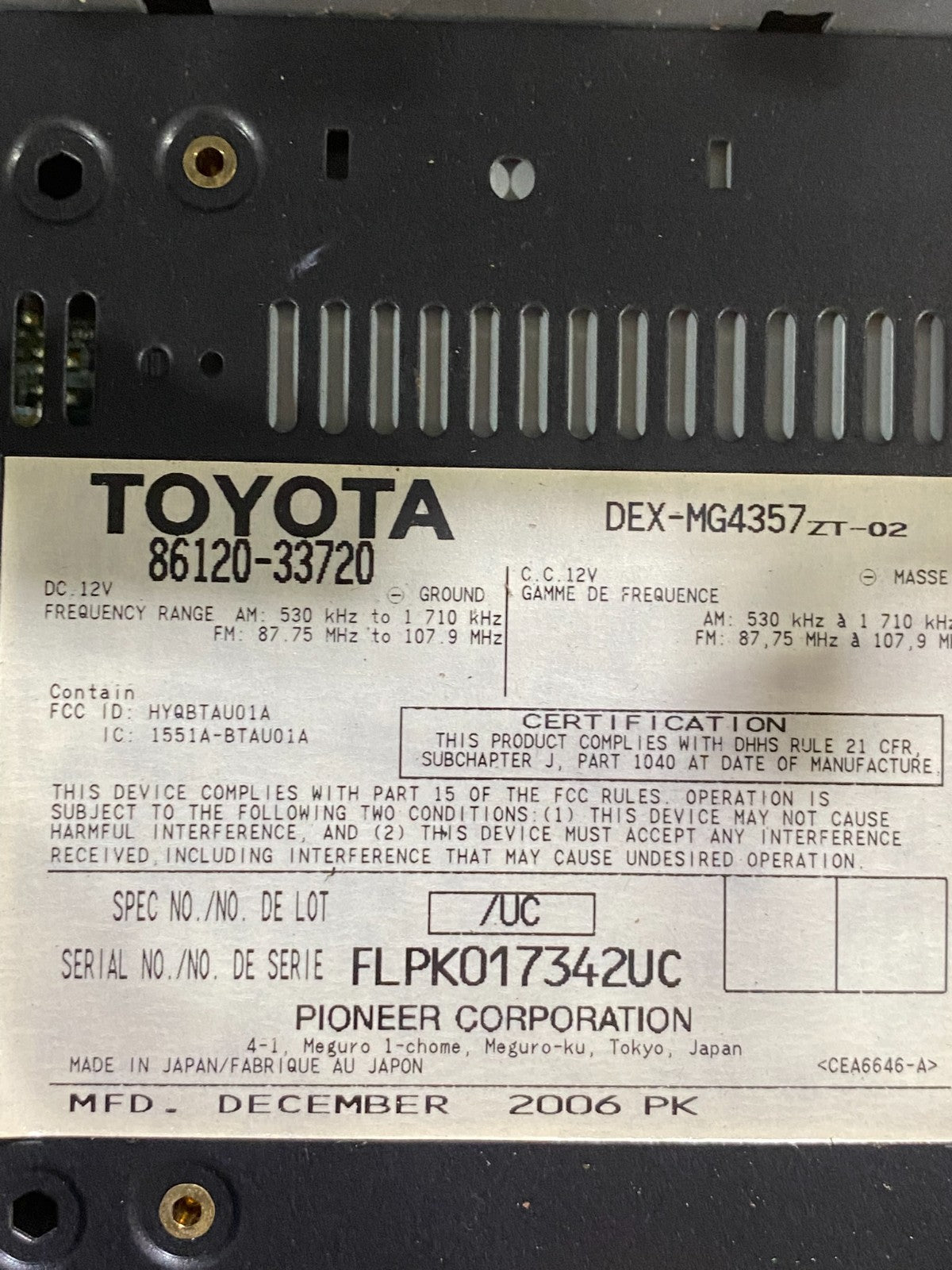 2007 2008 2009 Lexus ES350 Radio AM-FM CD Tuner Head Unit AH9922 DW7