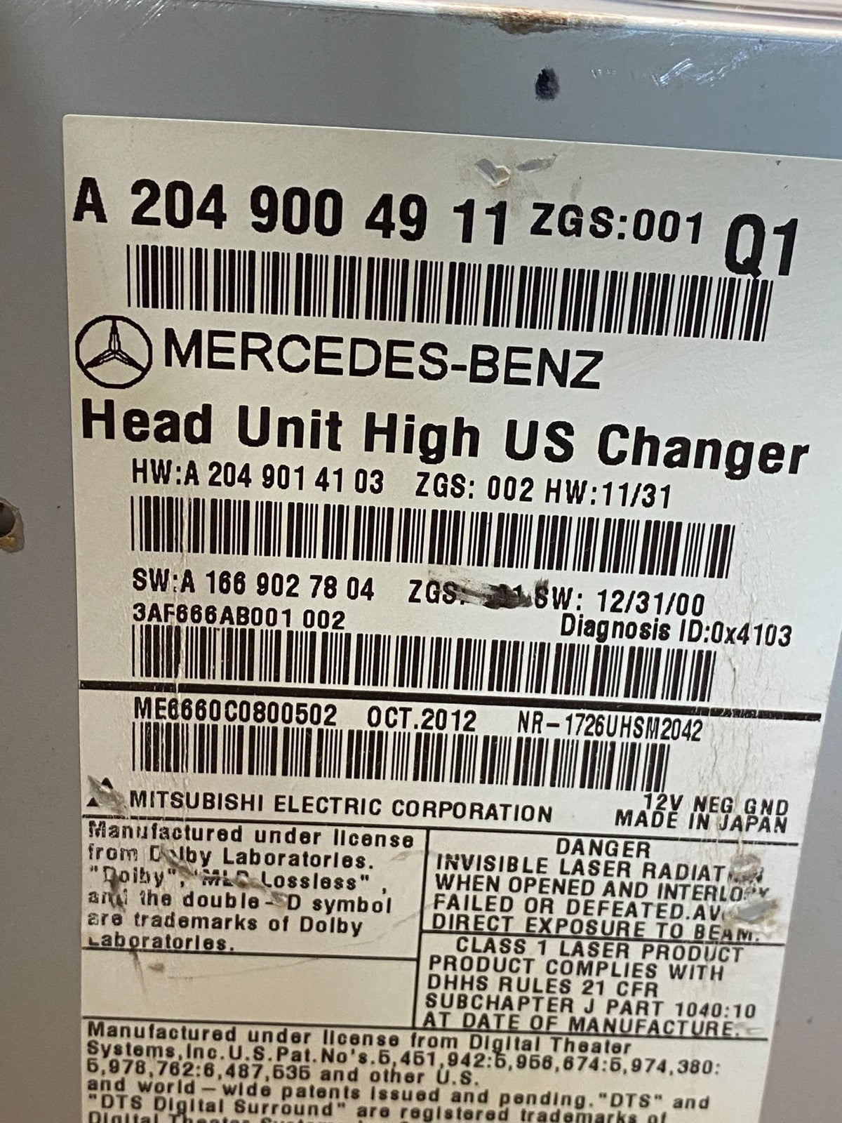 2012 2014 Mercedes-Benz C250 Am Fm Cd Player Radio Receiver AH4985 DG6