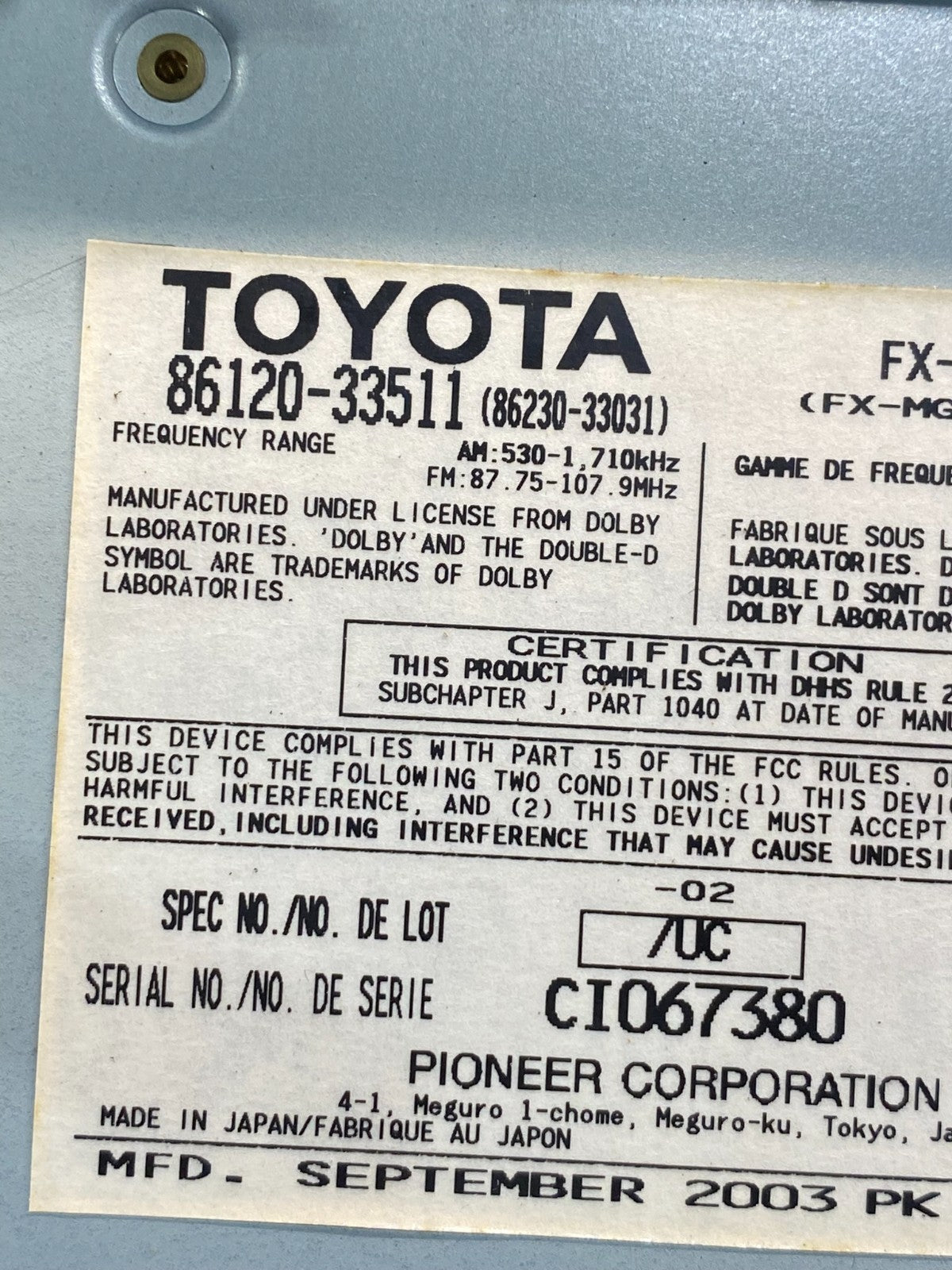 2004 to 2006 Lexus ES330 Es300 Radio Receiver Tape CD Air Vent AG5988 DG6