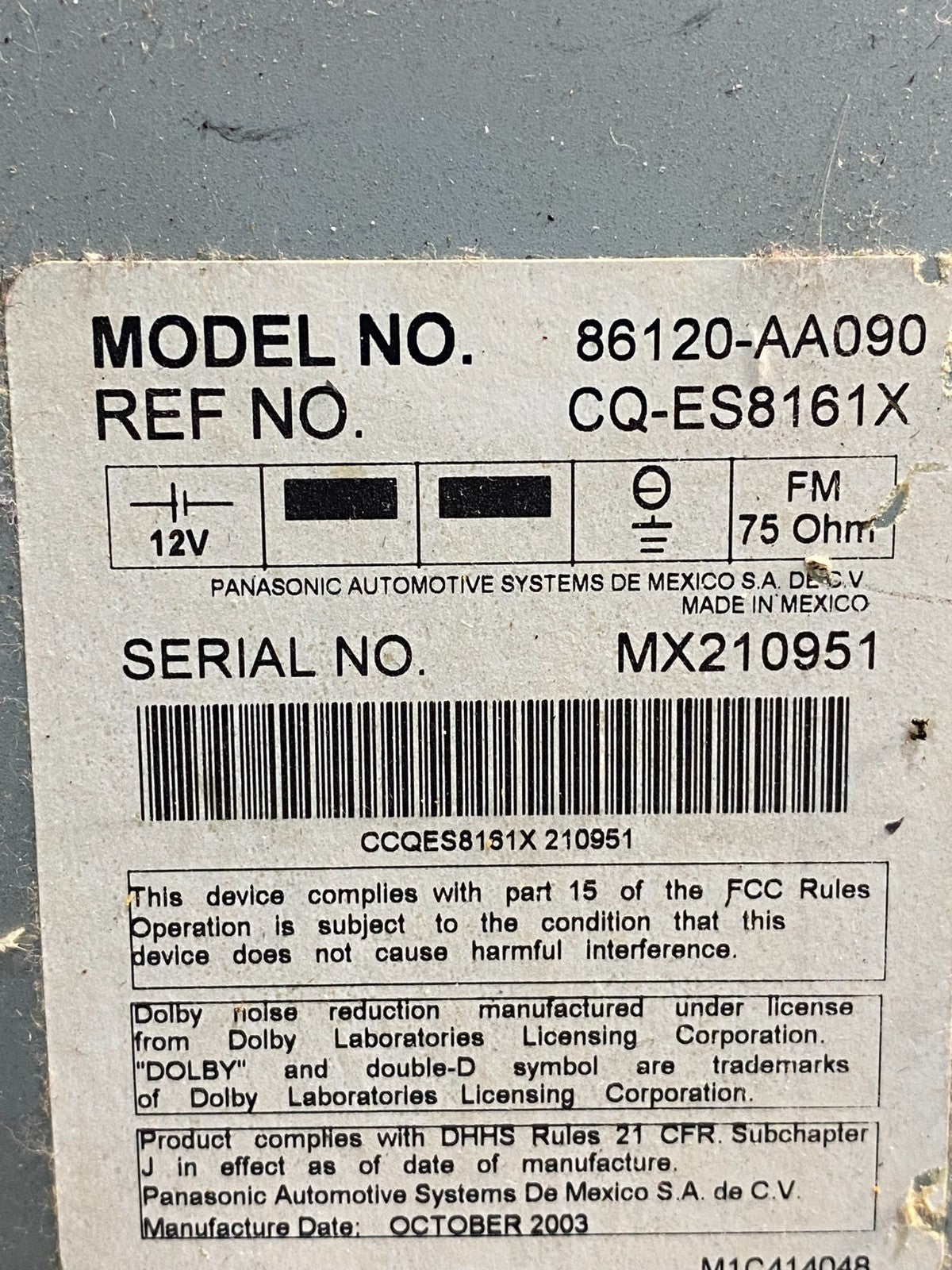 2002 2003 2004 Toyota Camry Radio AM/FM CD Player AG9529 DG6