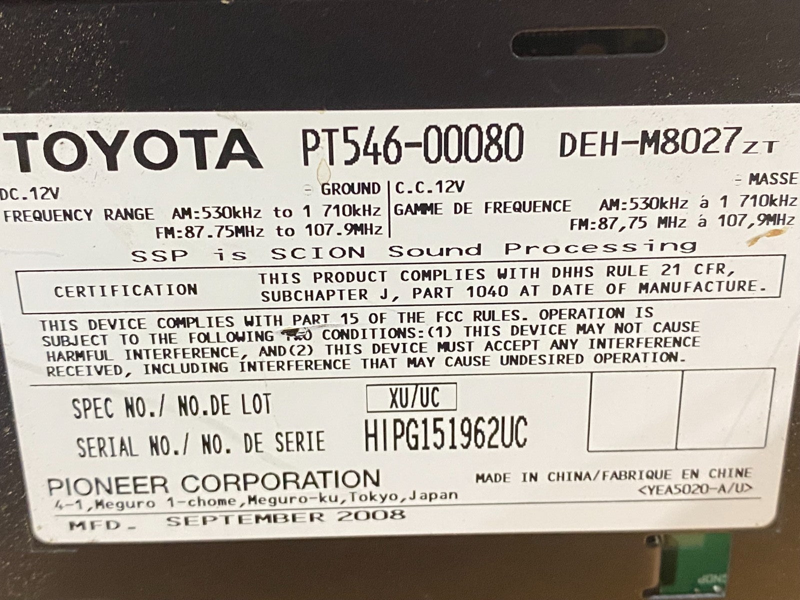 2004 to 2006 Scion TC Pioneer 86120-0W100 CD MP3 Stereo Radio AF7870 DG6