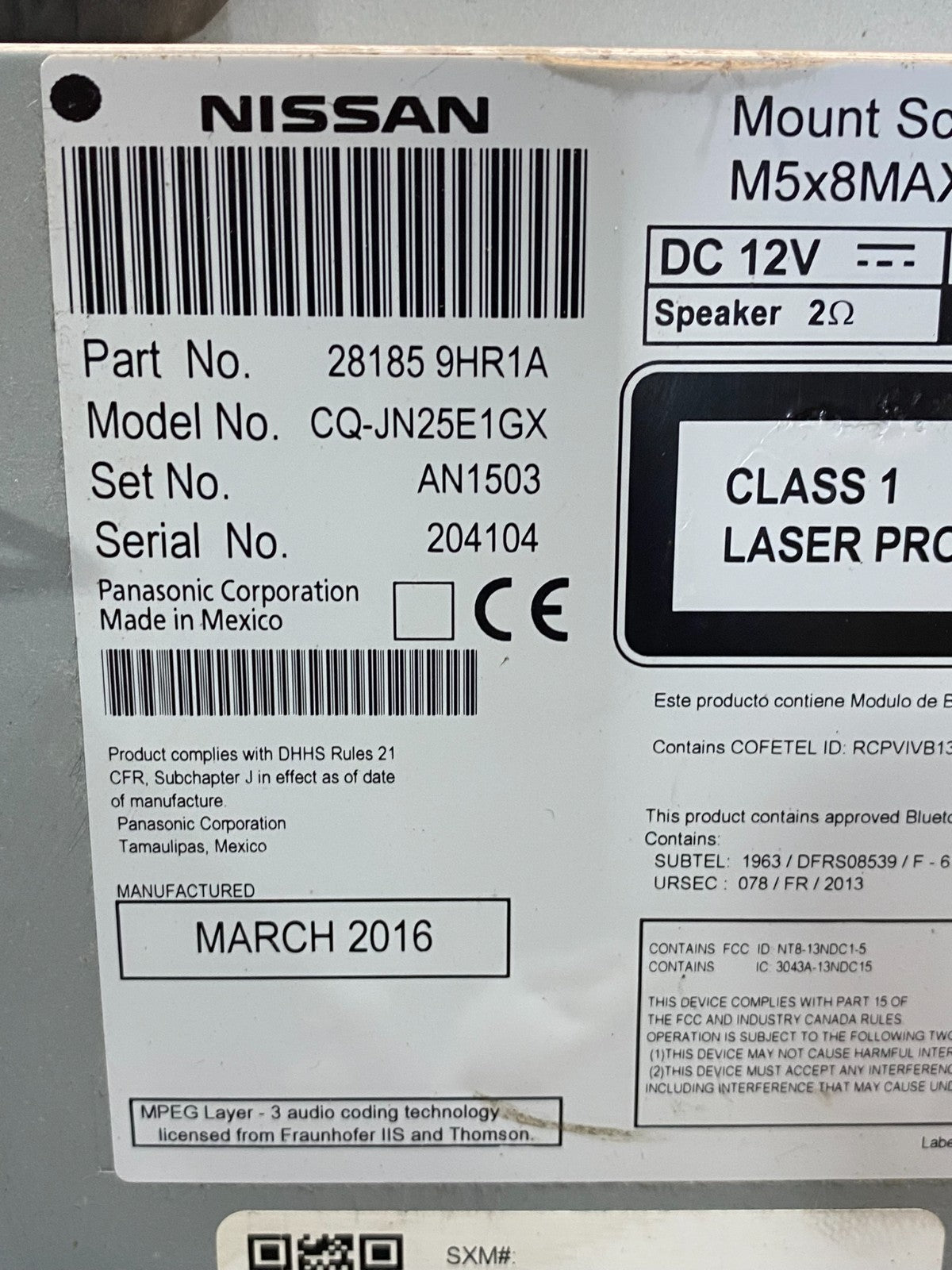 2016 2017 Nissan Altima Radio Screen Receiver AM-FM CD Player AI7245 DG6