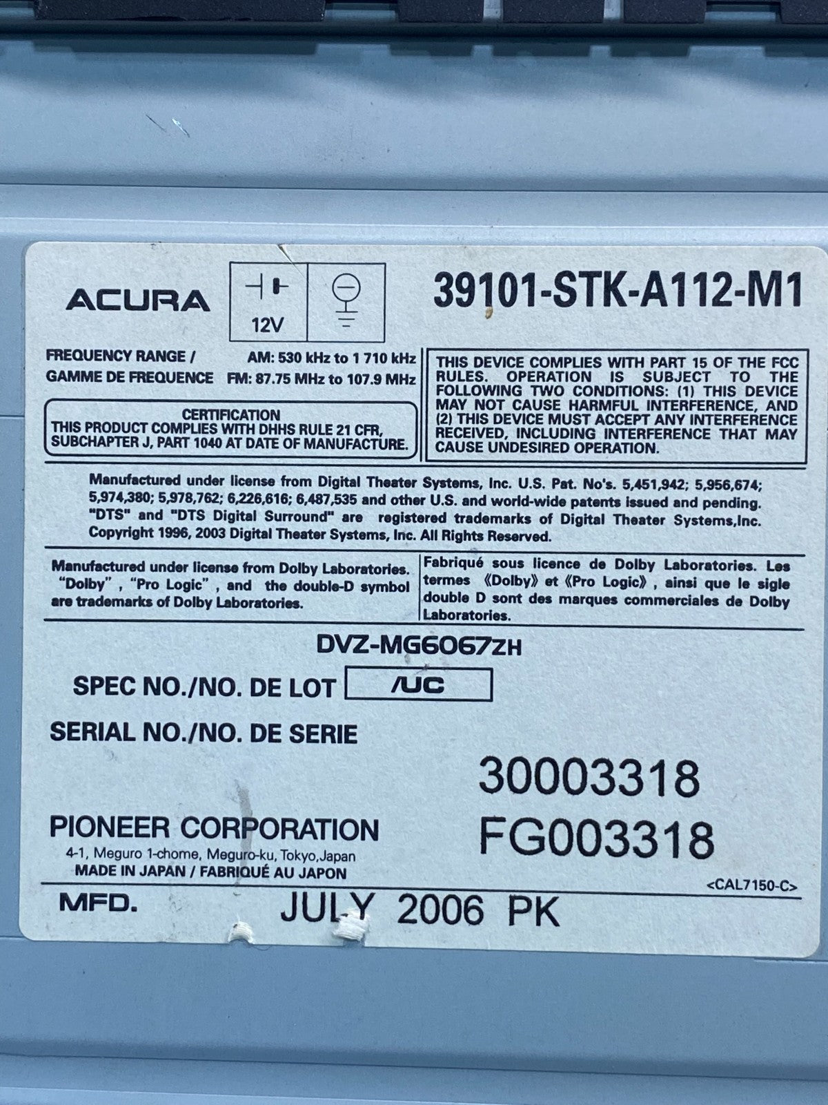 2008 to 2009 Acura RDX 6 CD DVD Satellite Radio Receiver AG7401 DG6