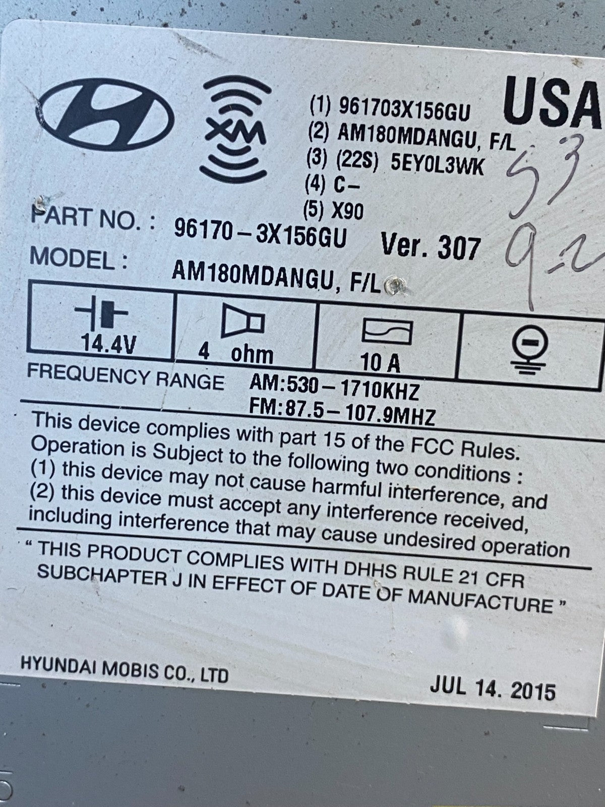 2014 2015 2016 Hyundai Elantra Am Fm Cd Player Radio Receiver AF5579 DG6