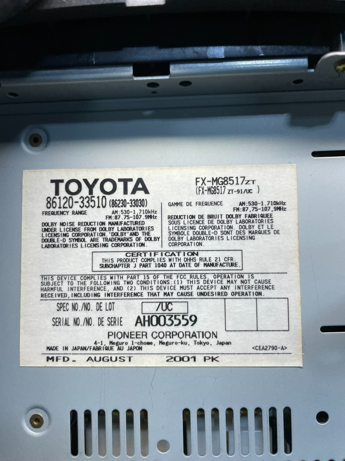 2002 2003 2004 Lexus ES330 Es300 Radio Receiver Tape CD Air Vent OEM  U1561 DG7