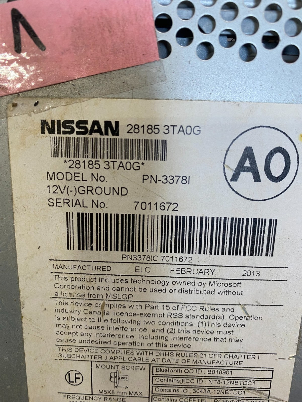 2013 to 2015 Nissan Altima Radio Cd Mp3 Player AUX Port 281853ta0g ac2485 DG6