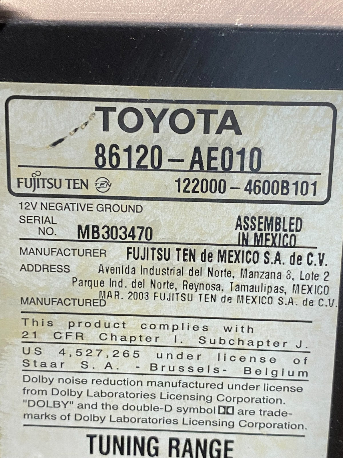 2004 to 2010 Toyota Sienna AM FM CD WMA Mp3 Radio Receiver AE9926 DG6