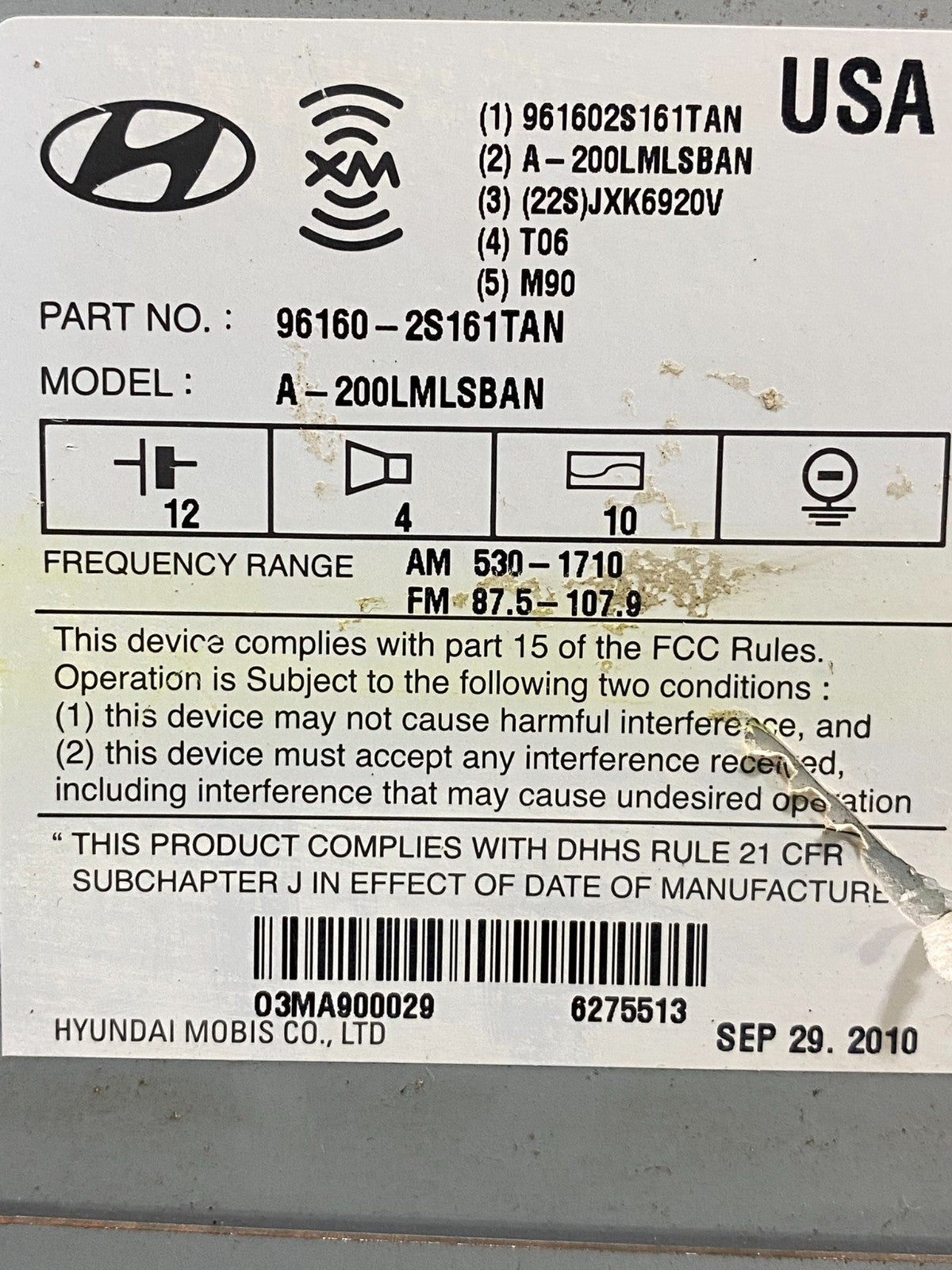 2010 to 2013 Hyundai Tucson FM Radio Single CD Player 96160-2S161TAN AE4806 DG6