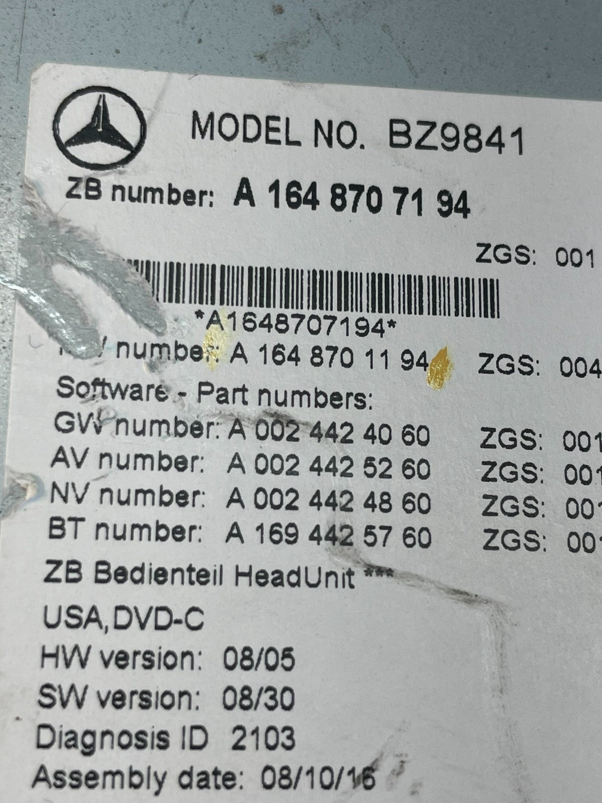 2009-2012 Mercedes X164 GL550 ML500 Radio Navigation Screen Display AC4880 DG8