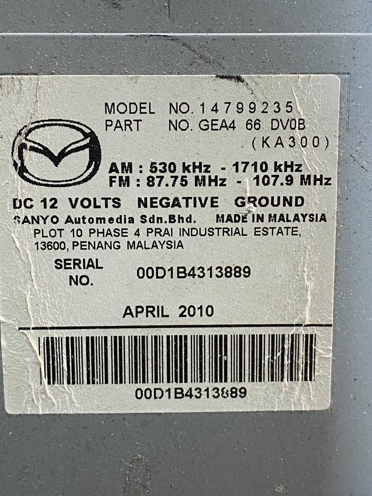 2010 Mazda 6 AM FM CD Player Stereo Screen Display Radio AG7372 DG8