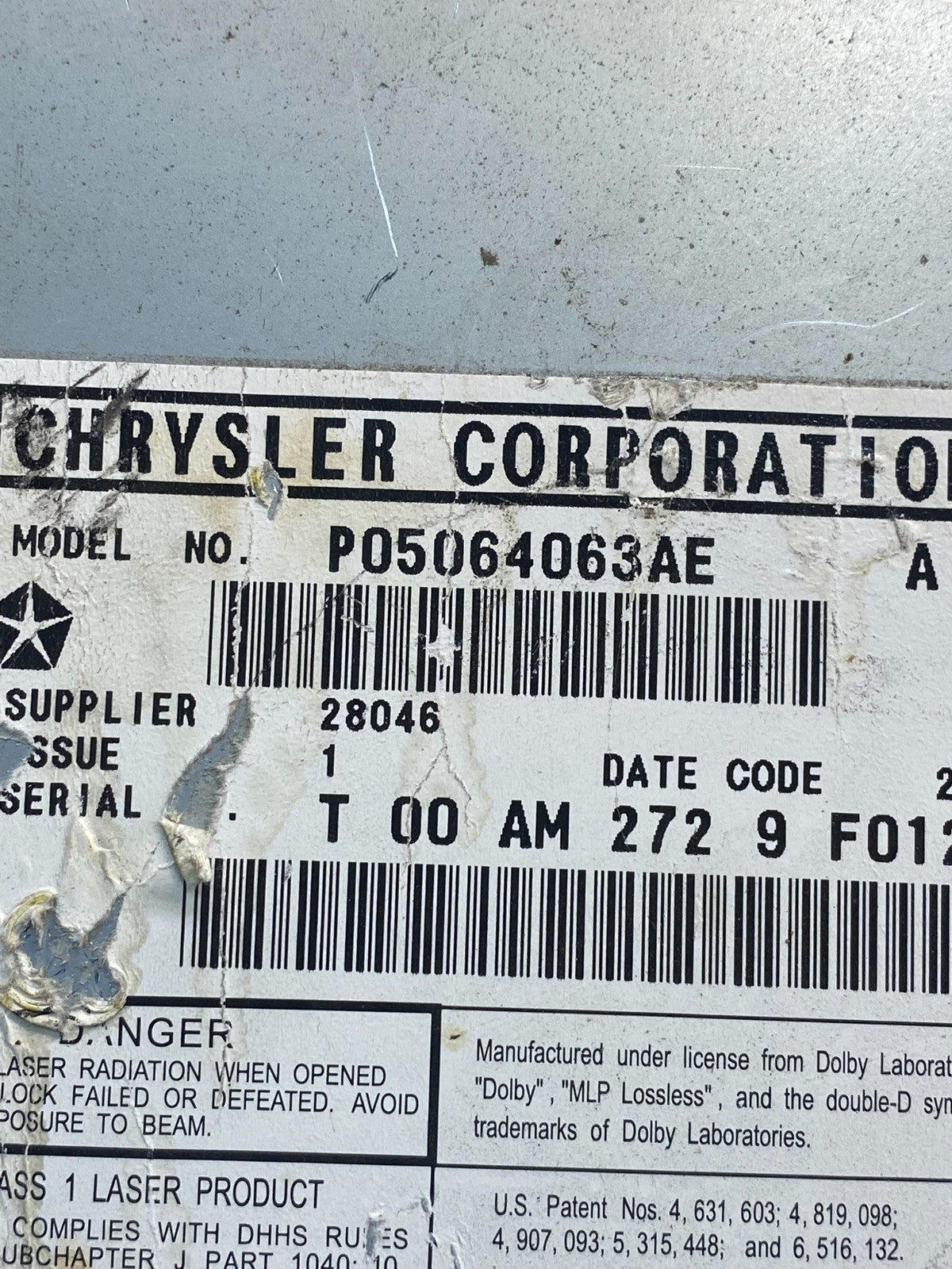 2008 to 2012 Chrysler Town Country DVD Player Receiver AD1565 DW6