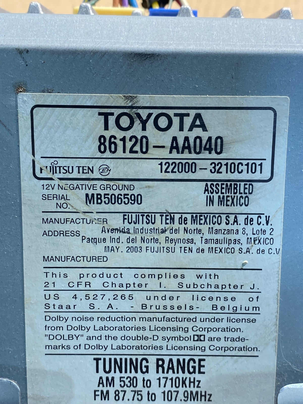 2002 2003 2004 Toyota Camry Radio AM/FM CD Player AI5061 DW6