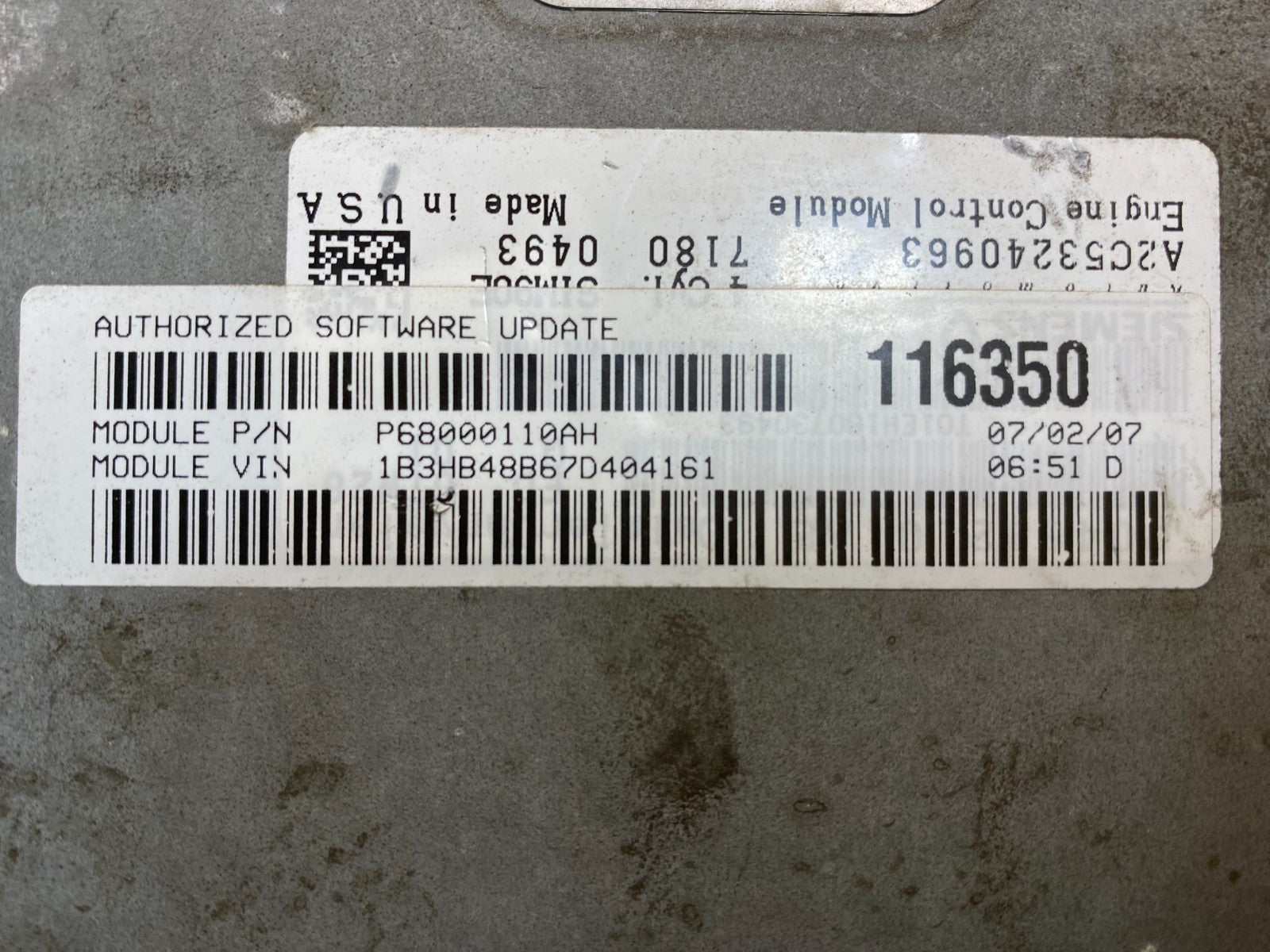 2007 to 2010 Dodge Caliber Computer Engine Control ECM p68000110ah AC0762 DG2