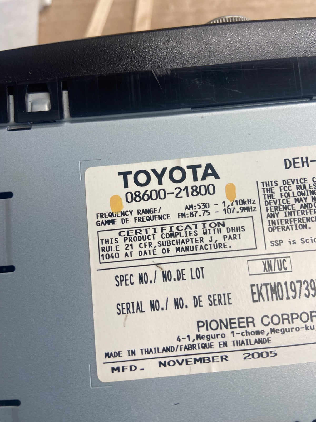 2004 to 2006 Scion TC Pioneer 08600-21800 CD MP3 Stereo Radio AH5283 DG5