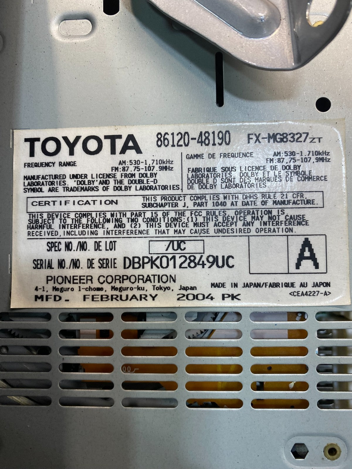 2004 2005 2006 Lexus RX330 Radio Casette AM-FM CD Player AA3242 DG6