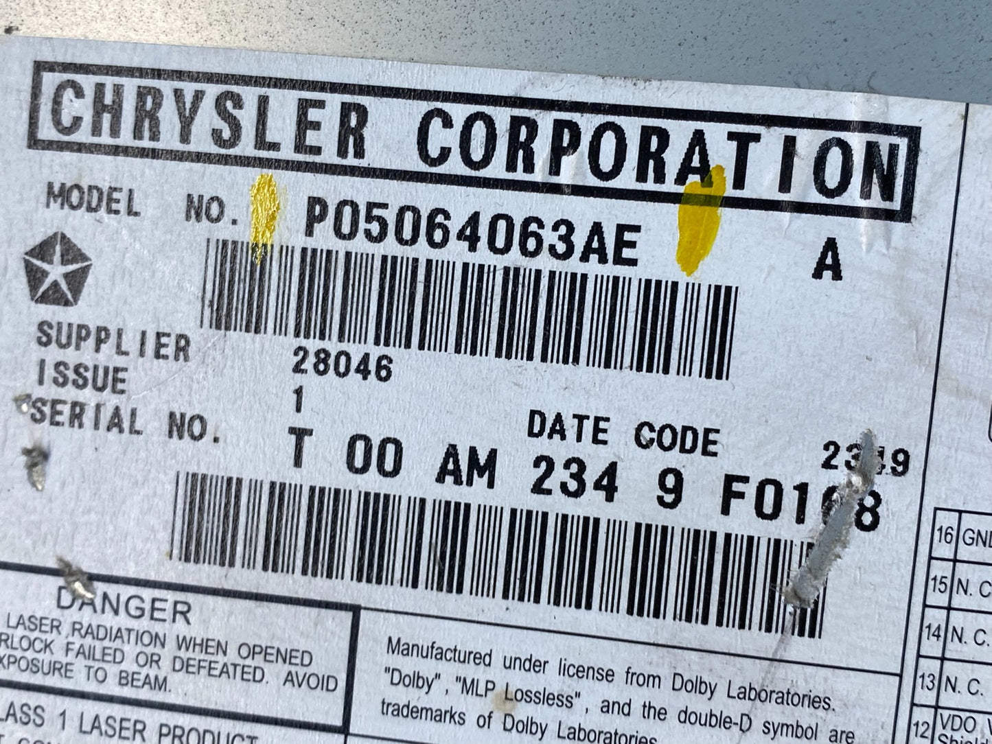 2008 to 2012 Chrysler Town Country DVD Player Receiver OEM R6206 DG6