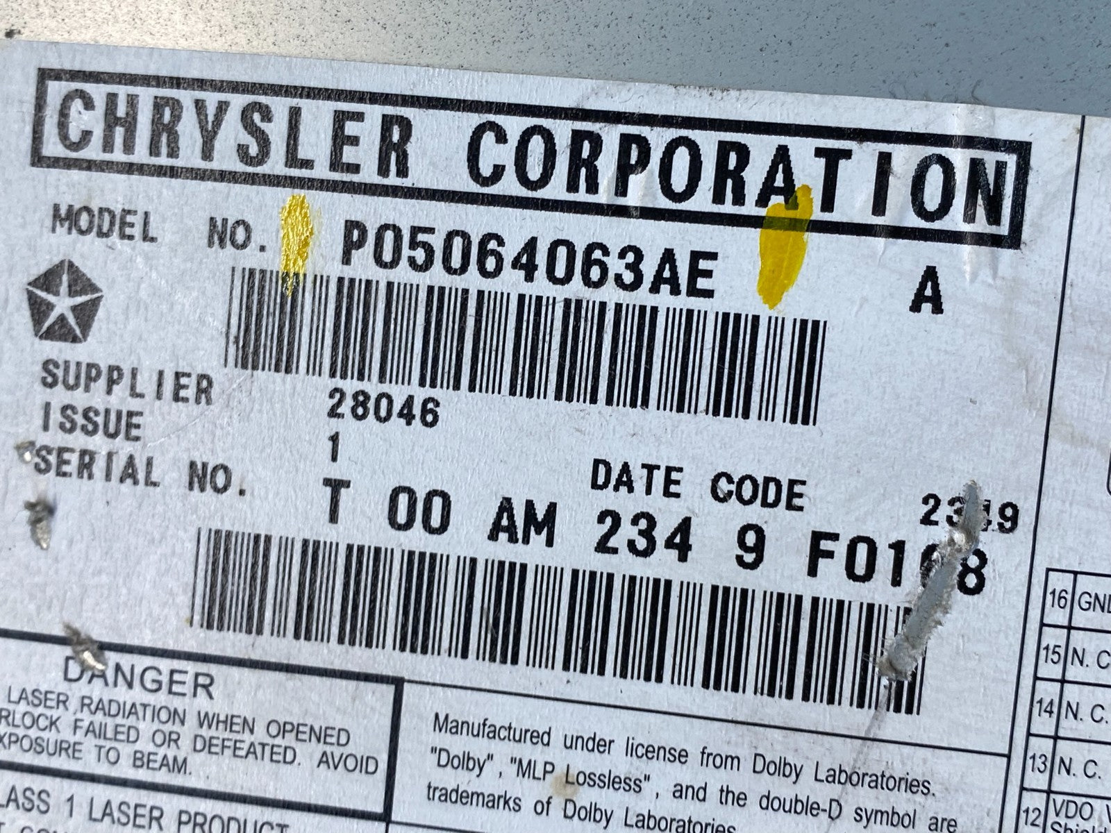 2008 to 2012 Chrysler Town Country DVD Player Receiver OEM R6206 DG6
