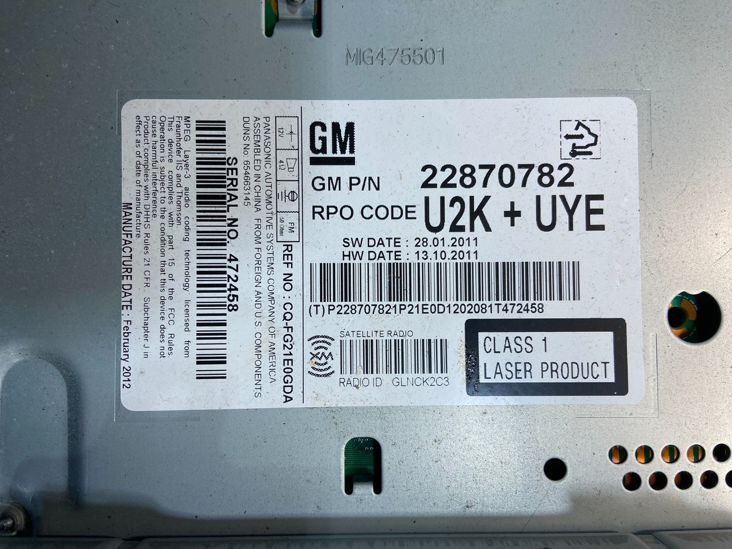 2011 to 2012 Chevrolet Equinox Cruze Radio Cd Receiver 22870782 Y7456 DG7