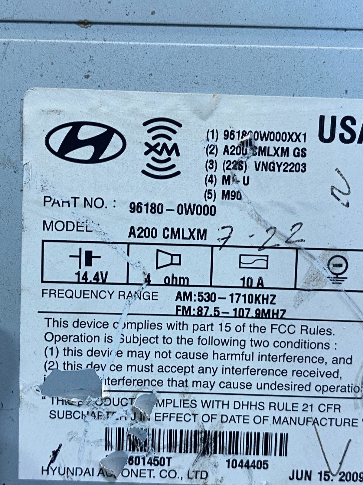 2007 to 2009 Hyundai Santa Fe AM/FM Radio CD Player AG6004 DG6