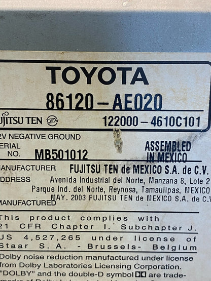 2004 to 2010 Toyota Sienna AM FM CD WMA Mp3 Radio Receiver AG3841 DG8