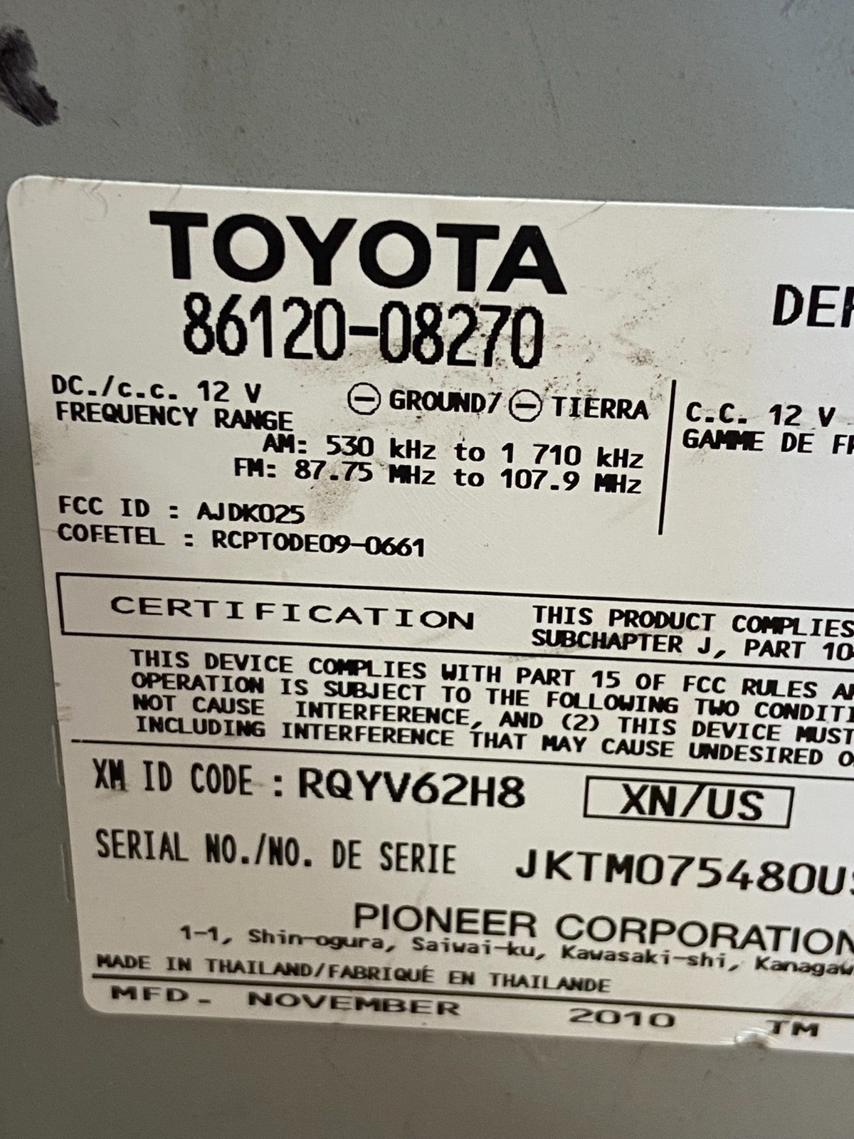 2011 to 2014 Toyota Sienna AM FM CD Mp3 Radio Receiver AF9444 DG6