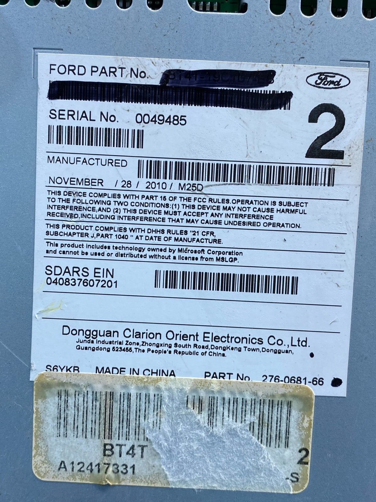 2011 Ford Edge Radio Cd Mechanism Receiver BT4T-19C107-BB AI9698 DG6