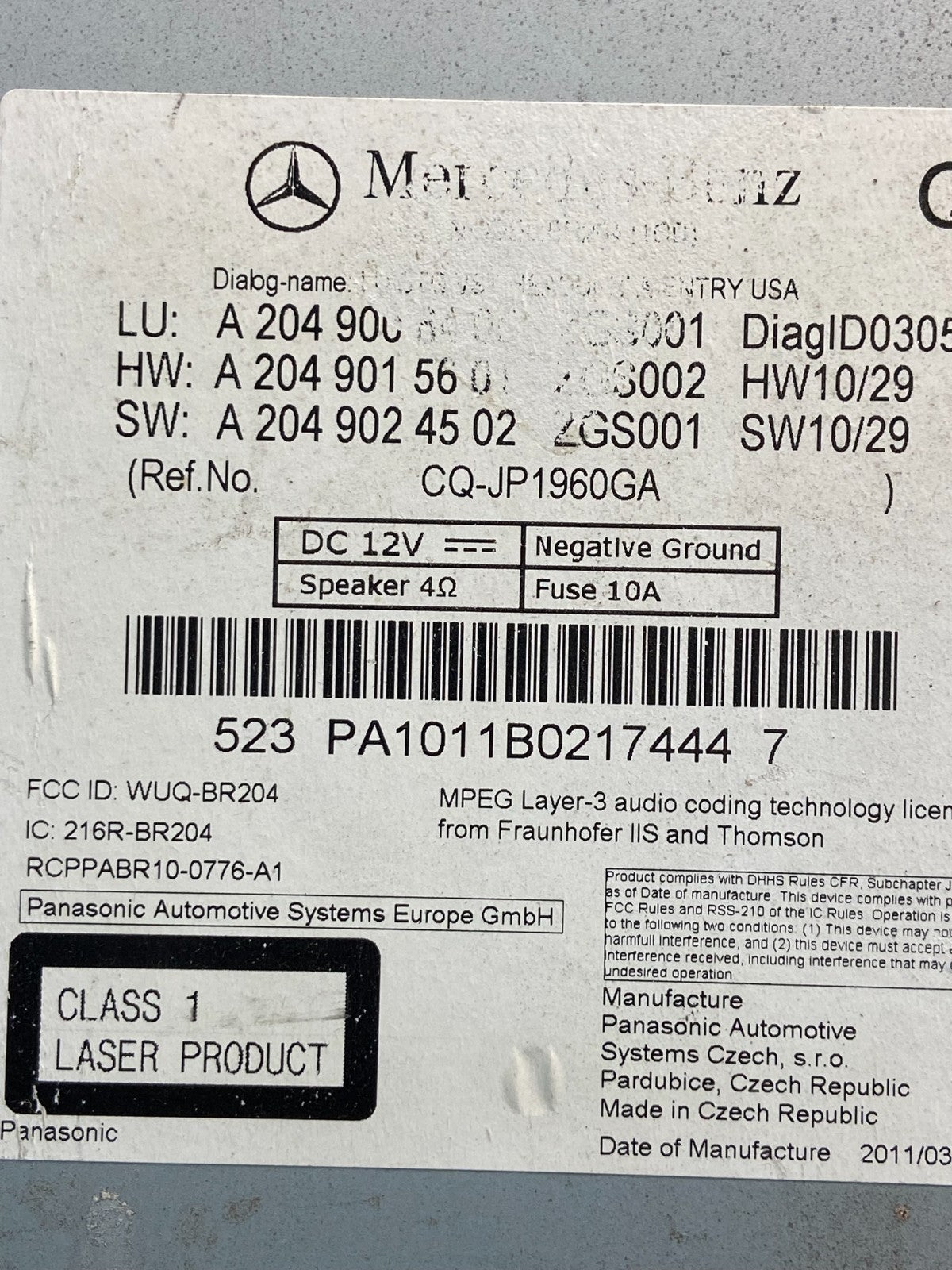 2011 Mercedes-benz C300 Am Fm Cd Player Radio Receiver AE25346