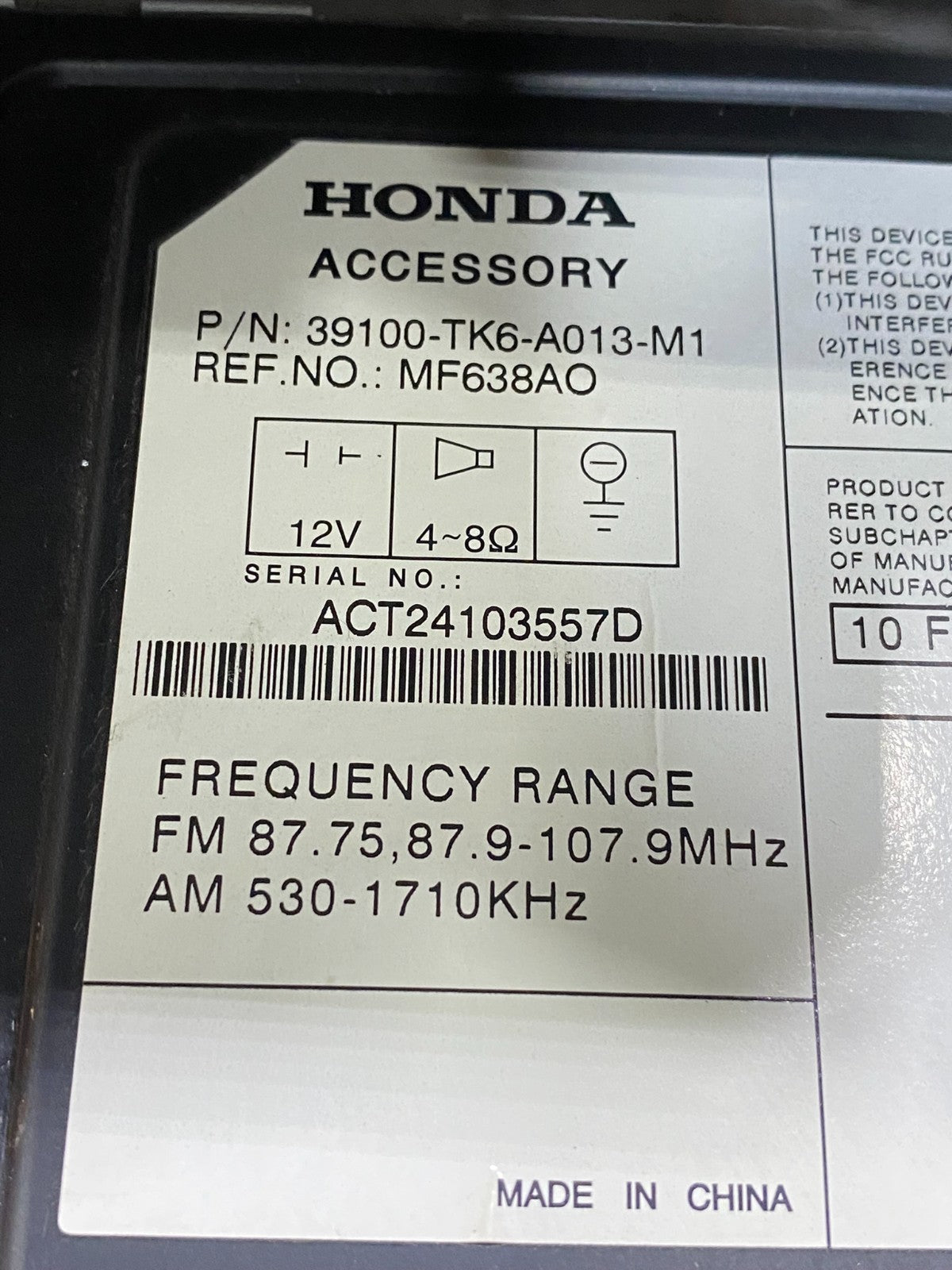 2009 to 2014 Honda Fit Radio CD Player AM/FM MP3 AUX AE8153 DG6