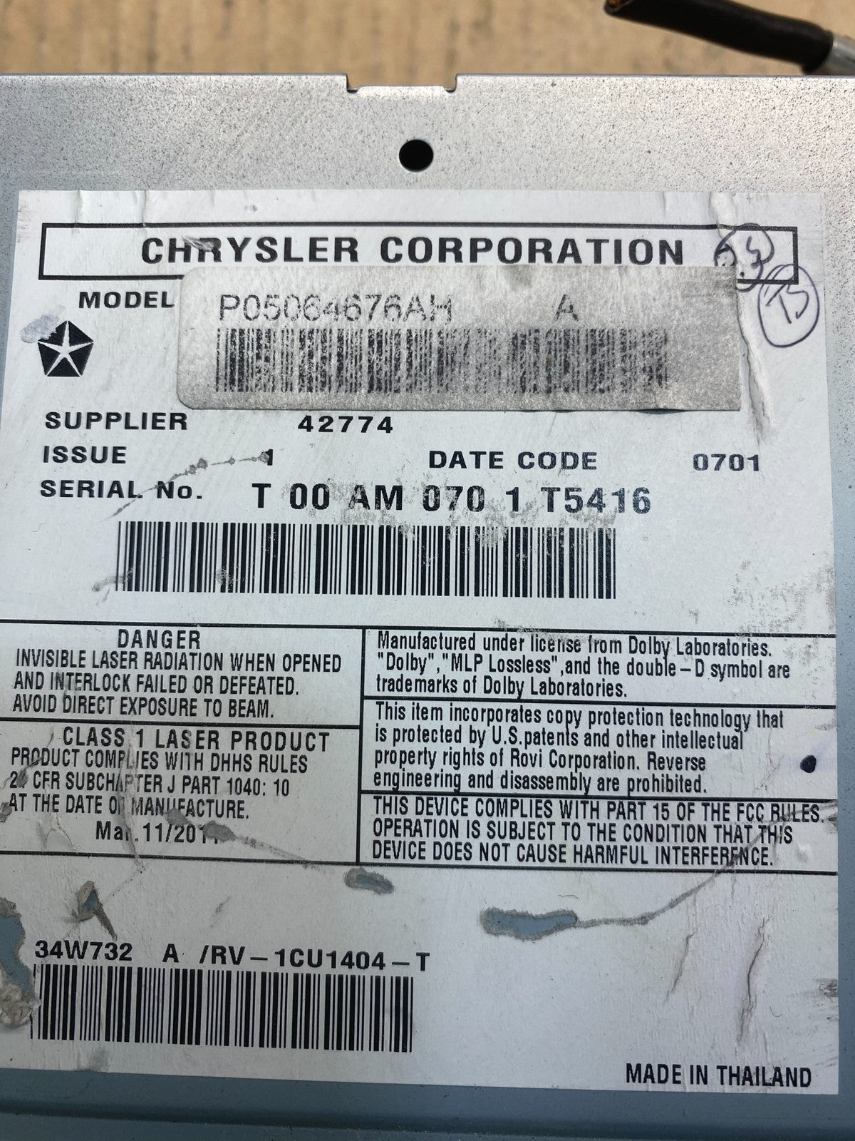 2011 Dodge Challenger AM FM CD DVD Radio w/o Satellite P05064676 AB74627