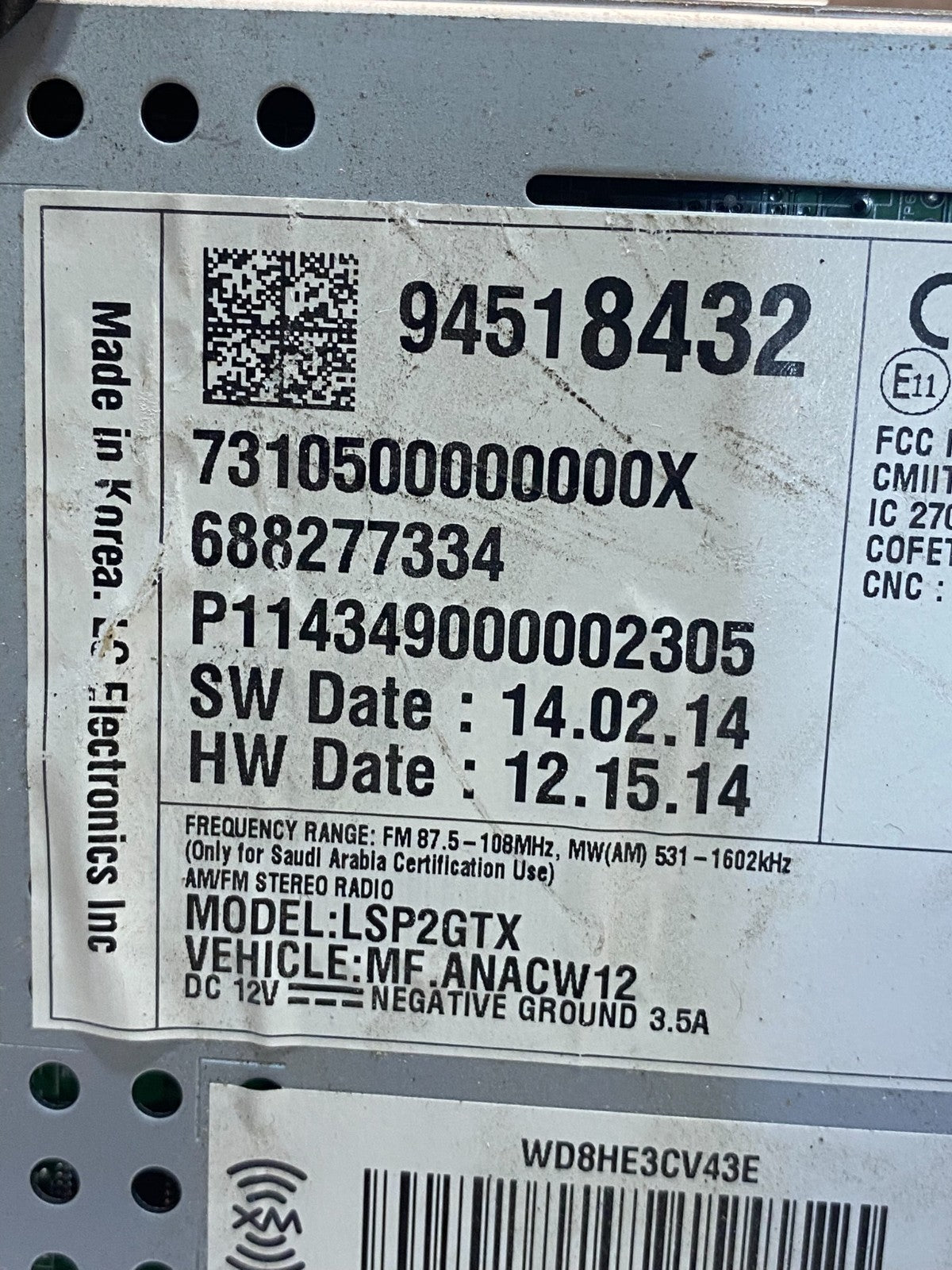 2015 Chevrolet Spark Radio Screen Display AM/FM AG3848 DG8